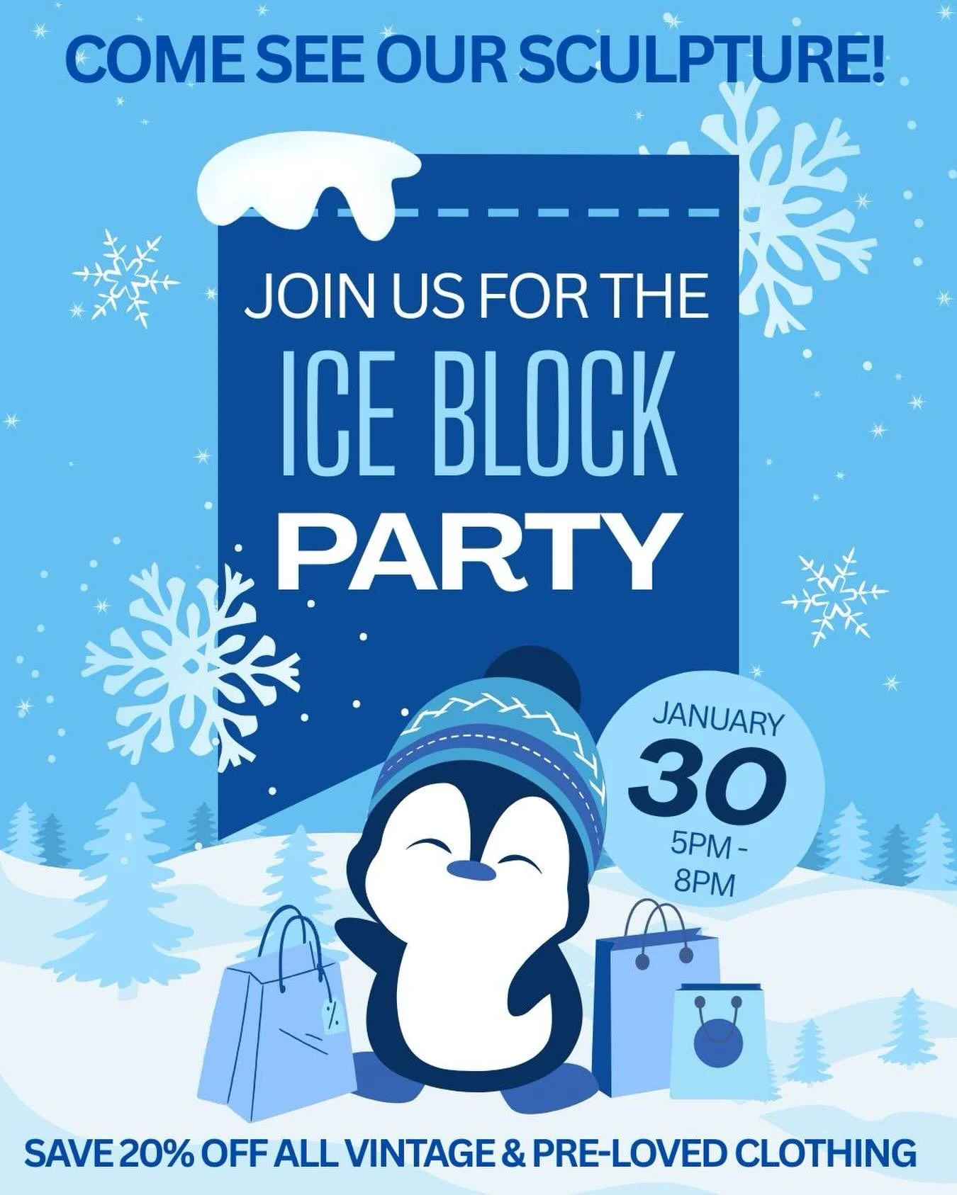 Join us tomorrow from 5 - 8 pm for Waynesville&rsquo;s Ice Block party!!

The social district extends down to our shop, so grab a drink and stop by to see our whimsical ice sculpture!

PLUS save 20% on all vintage and pre-loved clothing all night.