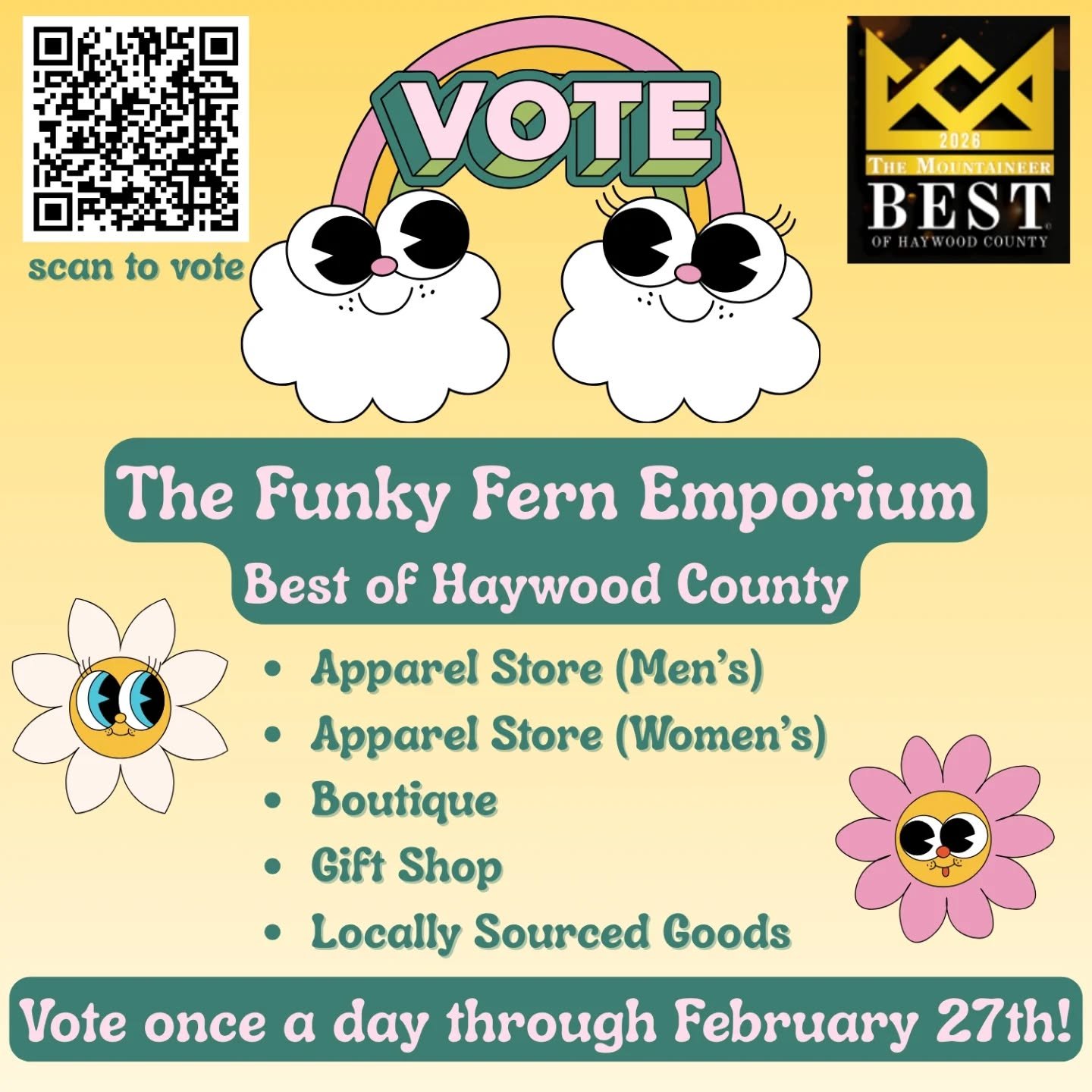 Voting is open for The Mountaineer's 
✨The Best of Haywood County✨

We are nominated in 5 categories: 
✳️Apparel store (men's) 
✳️Apparel store (women's) 
✳️Boutique
✳️Gift shop 
✳️Locally sourced goods 

You can vote once a day through February 27th