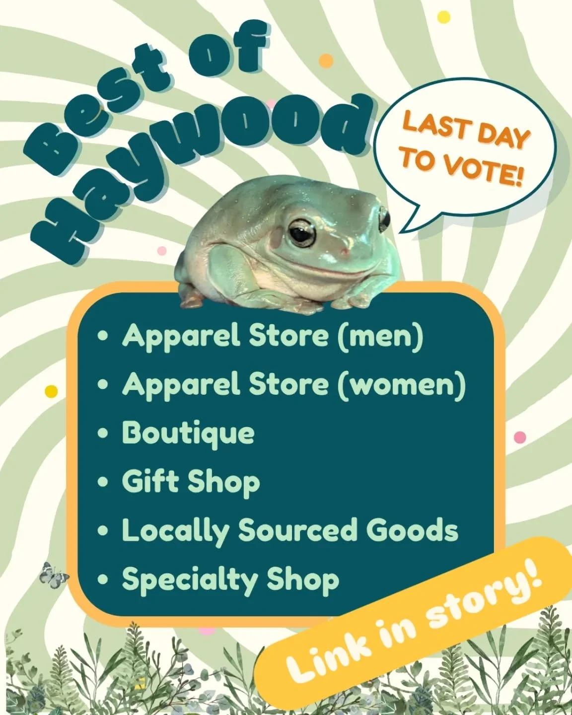 Hello funky friends and fans!
 
Today is the LAST DAY to vote for the Best of Haywood County competition. 
✨Link in story✨

💚Thanks for all the support! 🍄🐸