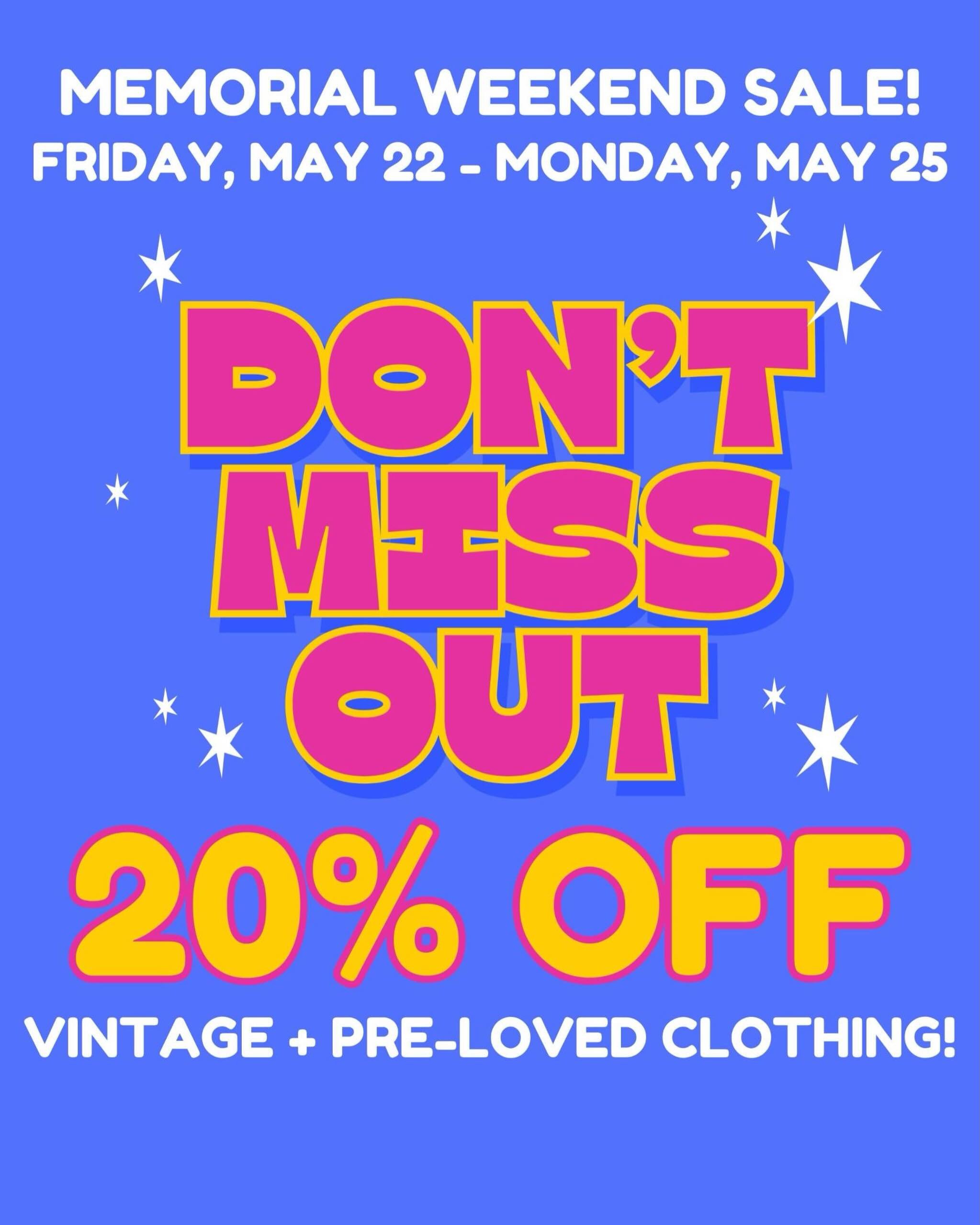 Save 20% today through Monday on all vintage clothing!

Stop in and see us! 

Friday: 11-6
Saturday: 11-6
Sunday: 11-5
Monday 11-5