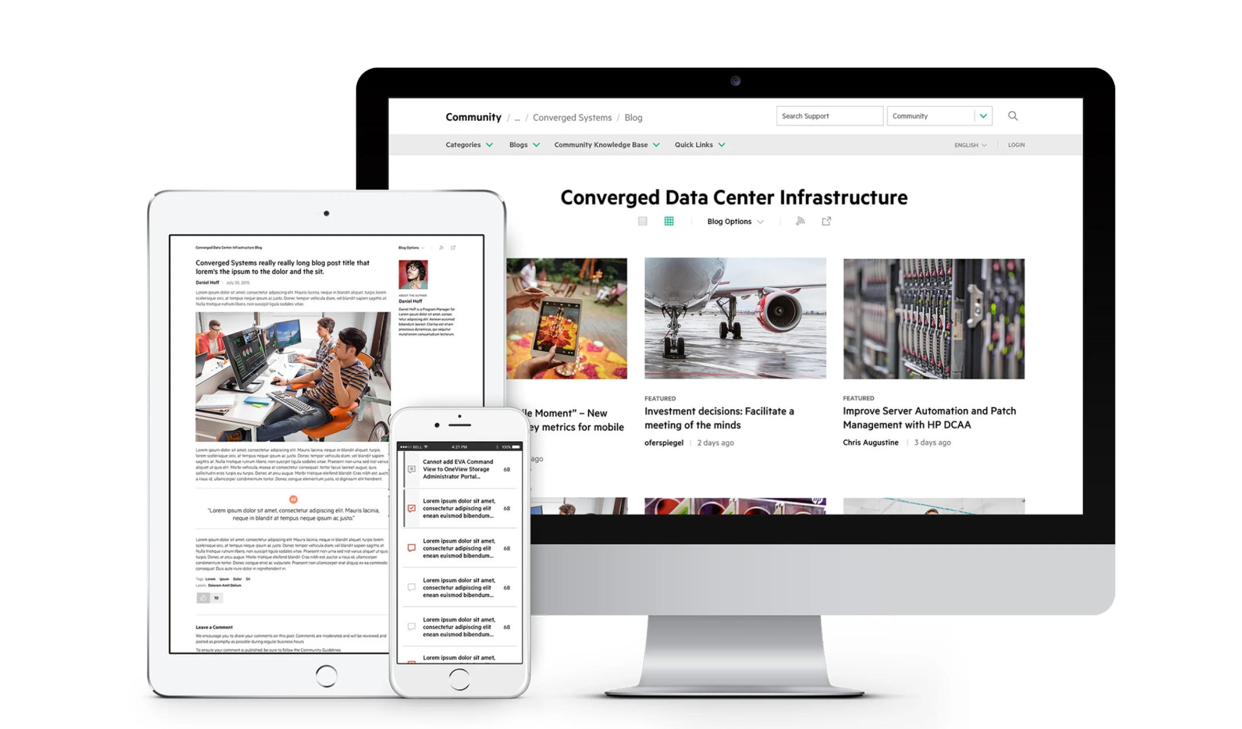 Multiple electronic devices displaying a technology blog webpage, including a tablet, smartphone, and desktop monitor with images of data centers, airports, and people working.
