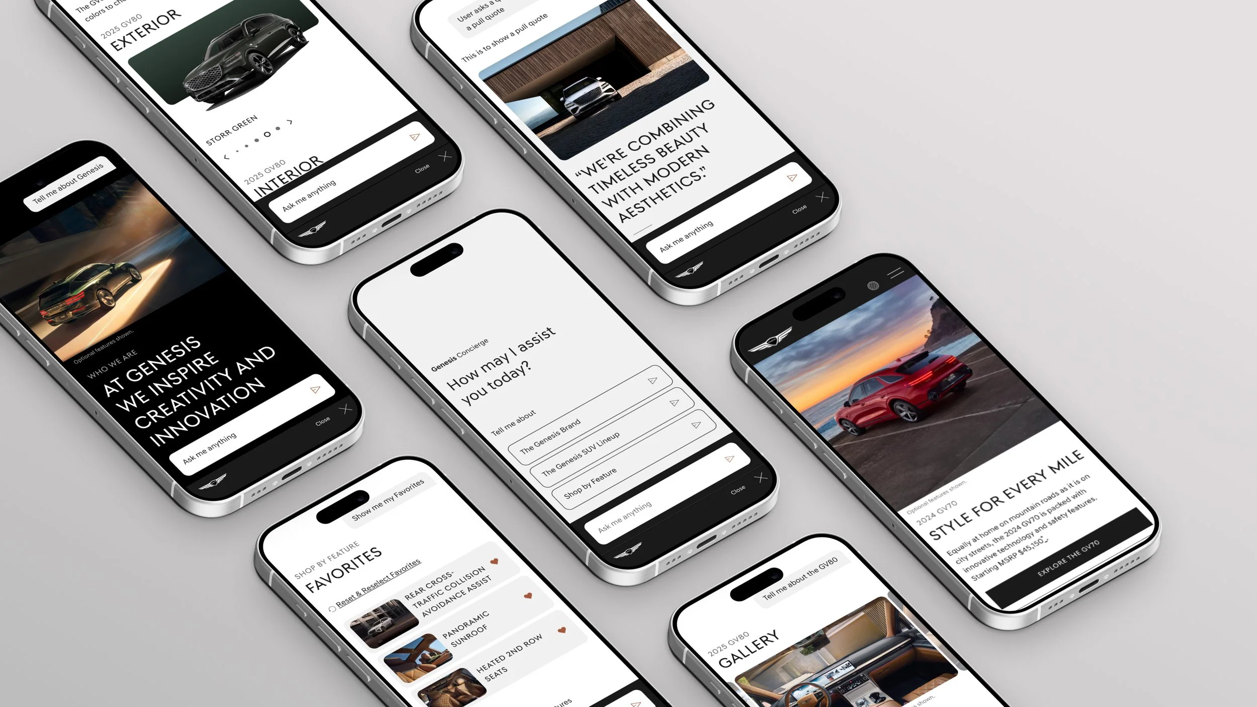Multiple smartphones displaying automotive website and app screens with images of cars, car features, and text about Genesis car models and features.
