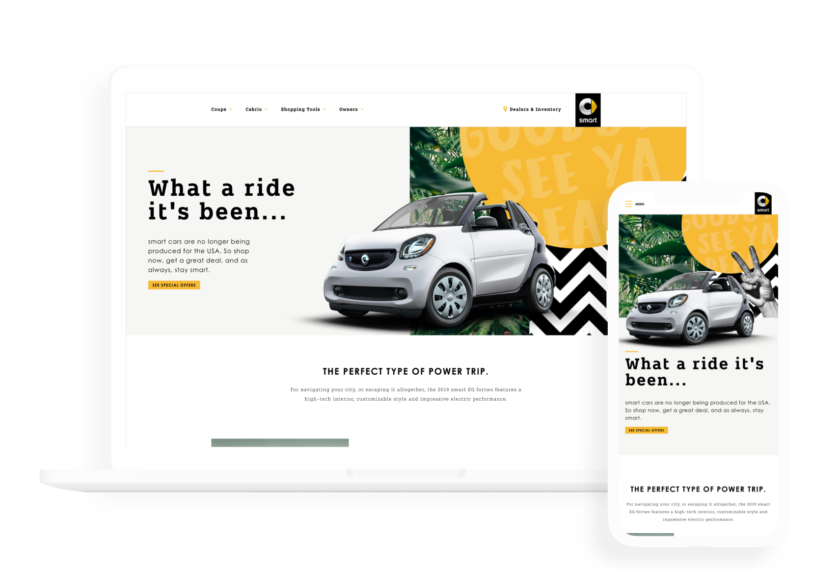 Website promoting electric smart cars with a photo of a white Smart EQ fortwo car and colorful background elements, including a yellow design with the words "SEE YA" and a black and white zigzag pattern. The text reads, "What a ride it's been... smart cars are no longer produced for the USA. Shop now for special offers."