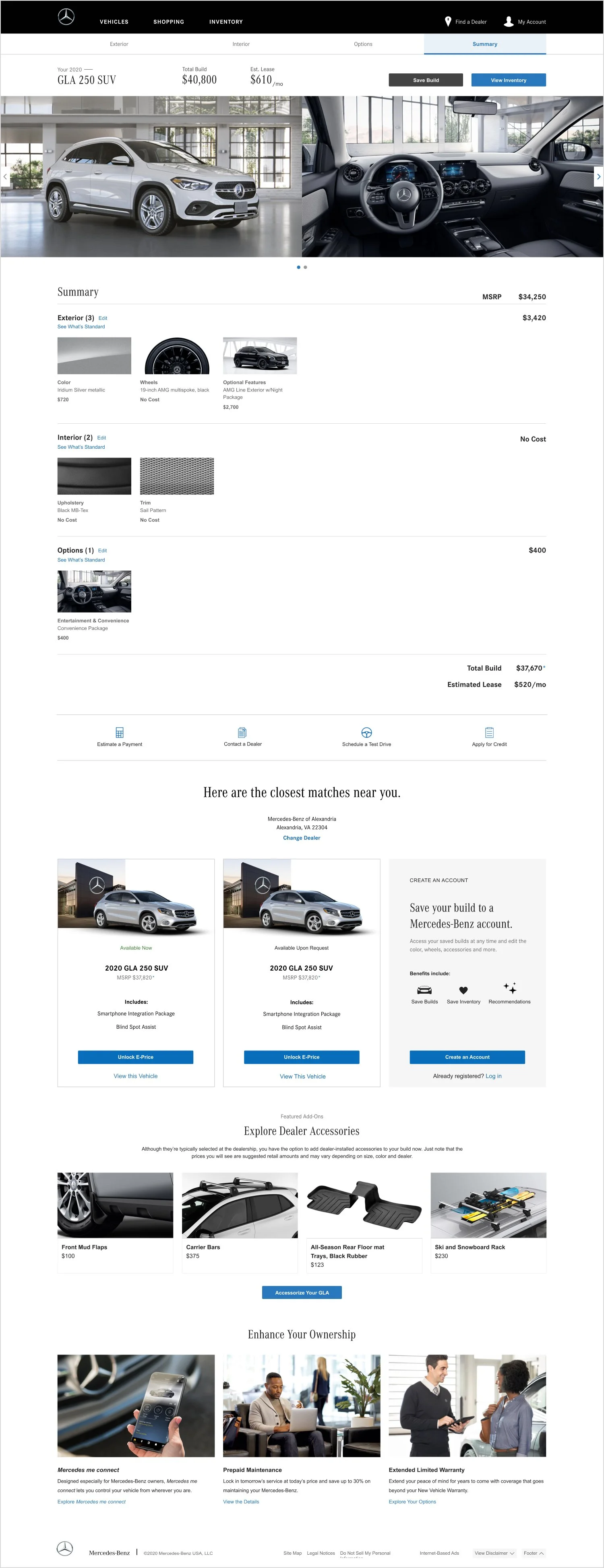 Mercedes-Benz vehicle configuration page featuring a 2020 GLA 250 SUV in white, with interior and exterior options, pricing details, and nearby dealership options.