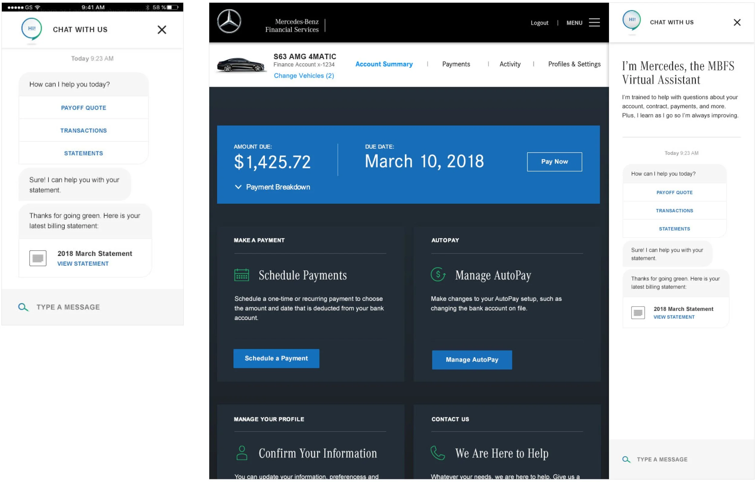 Screenshots of Mercedes-Benz Financial Services mobile app and website displaying account details, recent billing statement, virtual assistant chat window, and payment options.