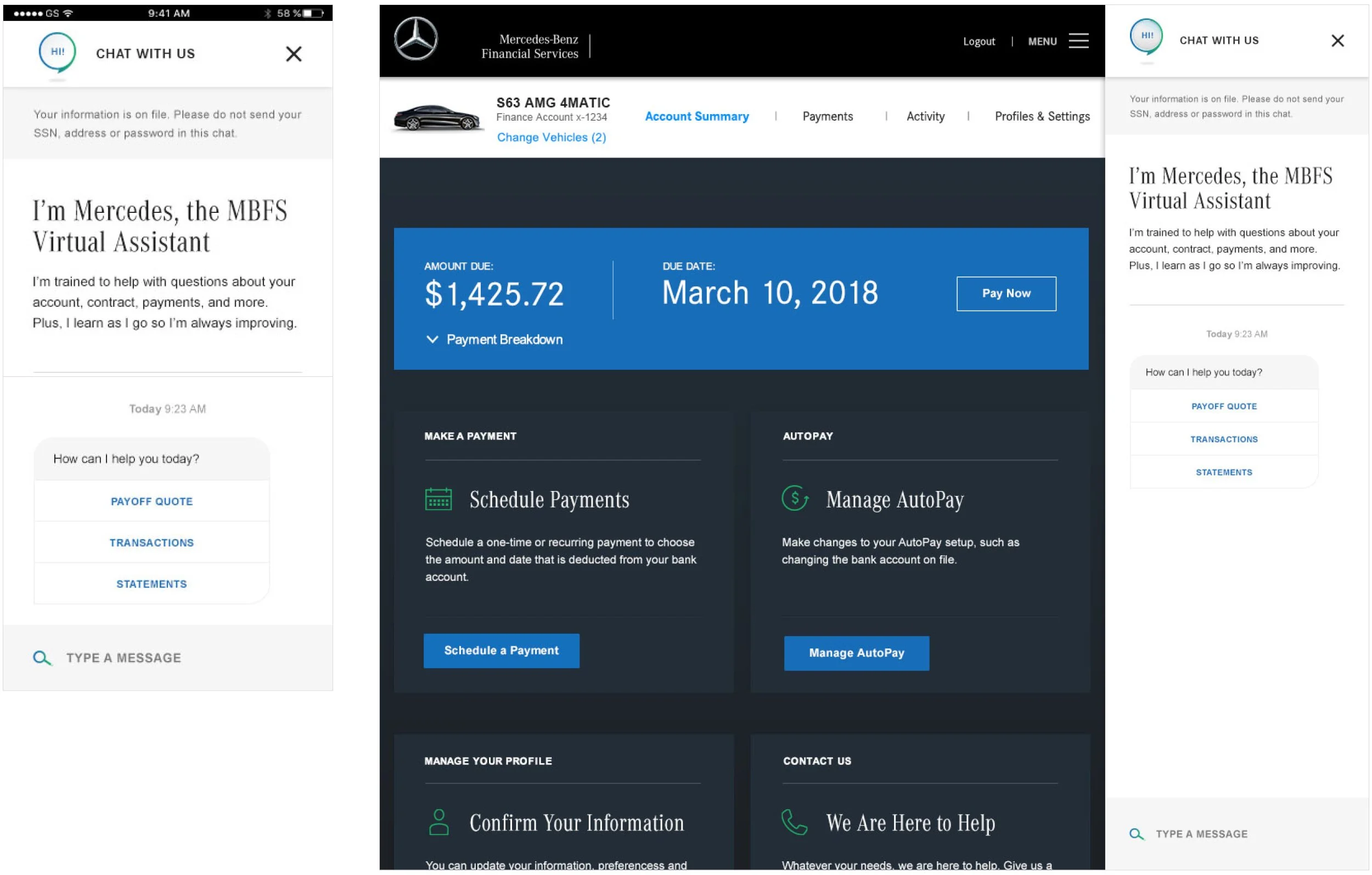 Screenshots of Mercedes-Benz Financial Services mobile app and website chat interface, showing account details, payment options, and virtual assistant information.
