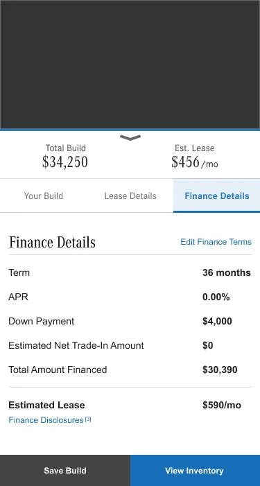 Screen showing real estate financing details, including total build cost, lease estimate, down payment, and monthly lease payment.