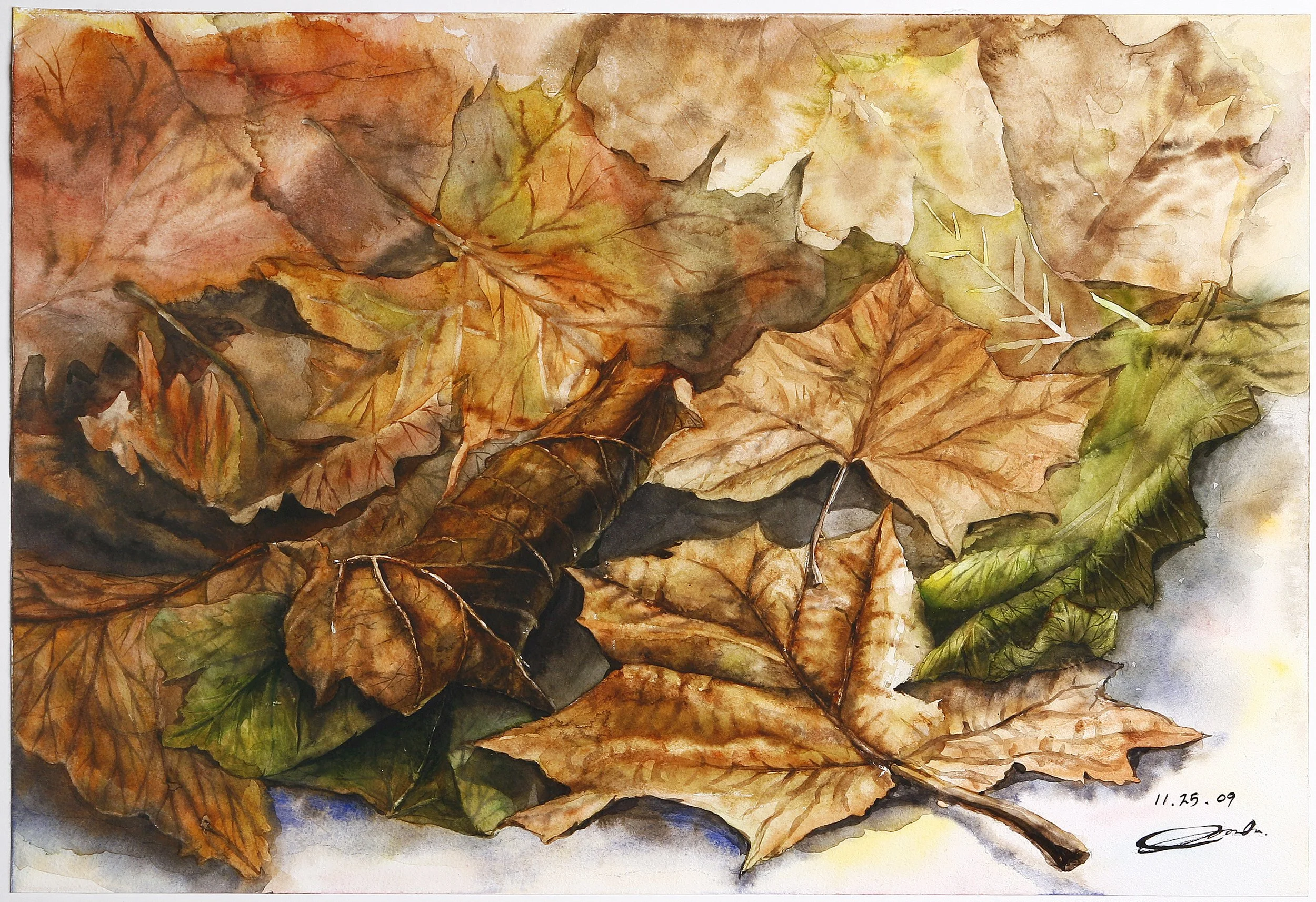 A watercolor painting of fallen autumn leaves in shades of orange, yellow, brown, and green with detailed vein patterns, arranged overlapping on a surface, with date and artist's signature at the bottom right.