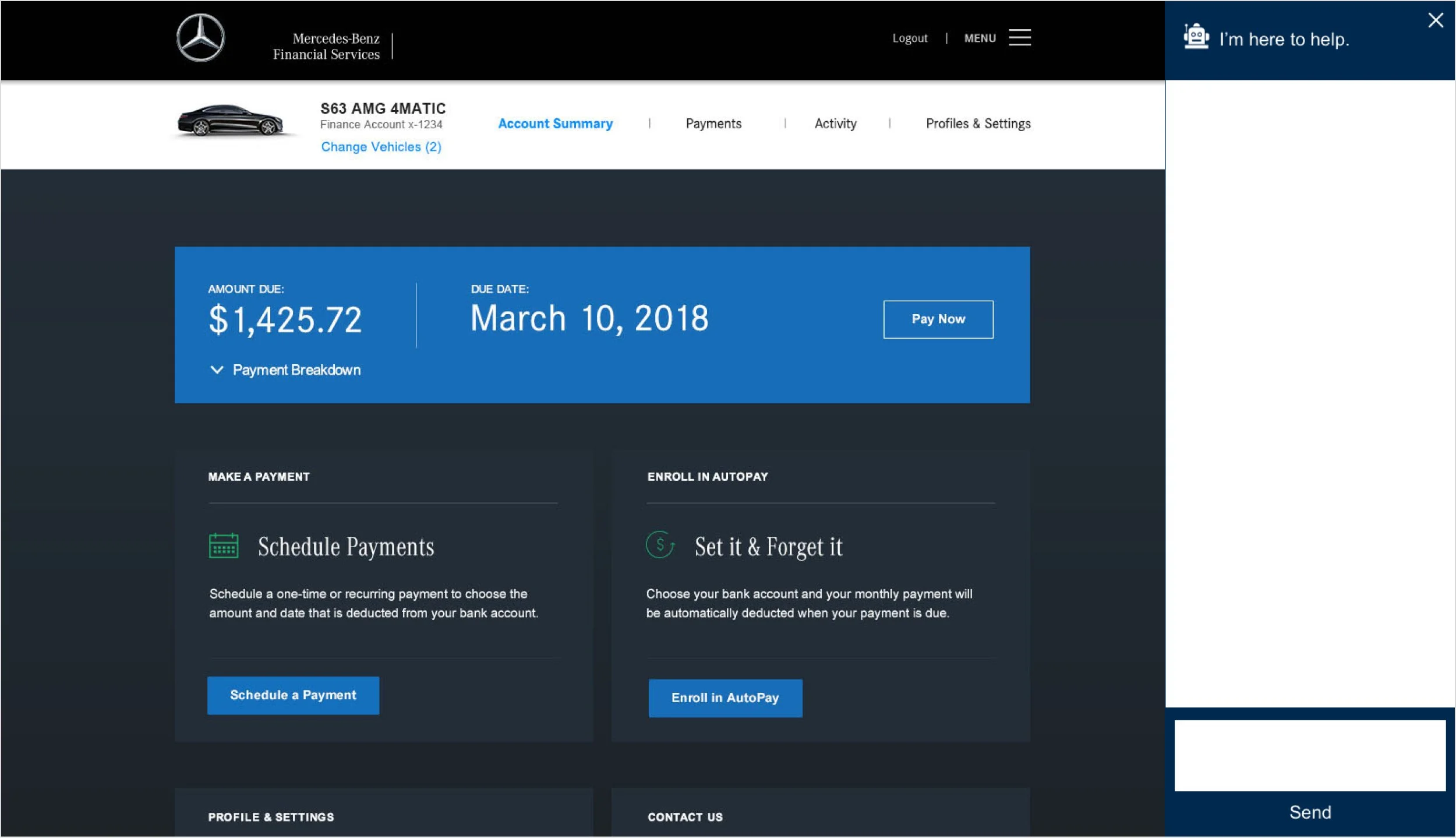 Online banking dashboard for Mercedes-Benz Financial Services showing a car loan or lease account with due amount of $1,425.72 and due date March 10, 2018, with options to pay, schedule payments, and enroll in auto pay.