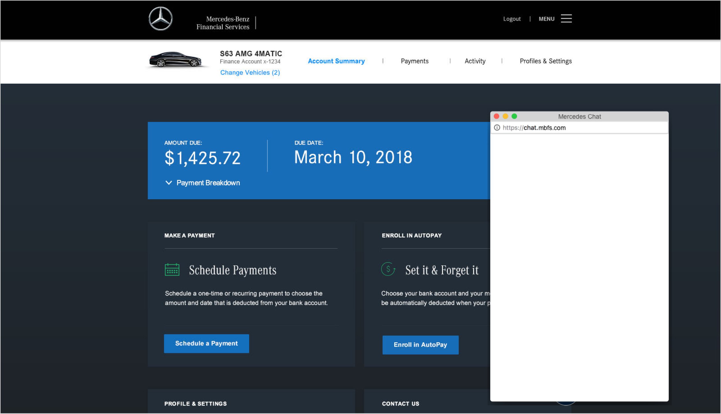 Mercedes-Benz Financial Services online account webpage displaying an account summary with a $1,425.72 due amount, due date March 10, 2018, and options to schedule payments or enroll in AutoPay.