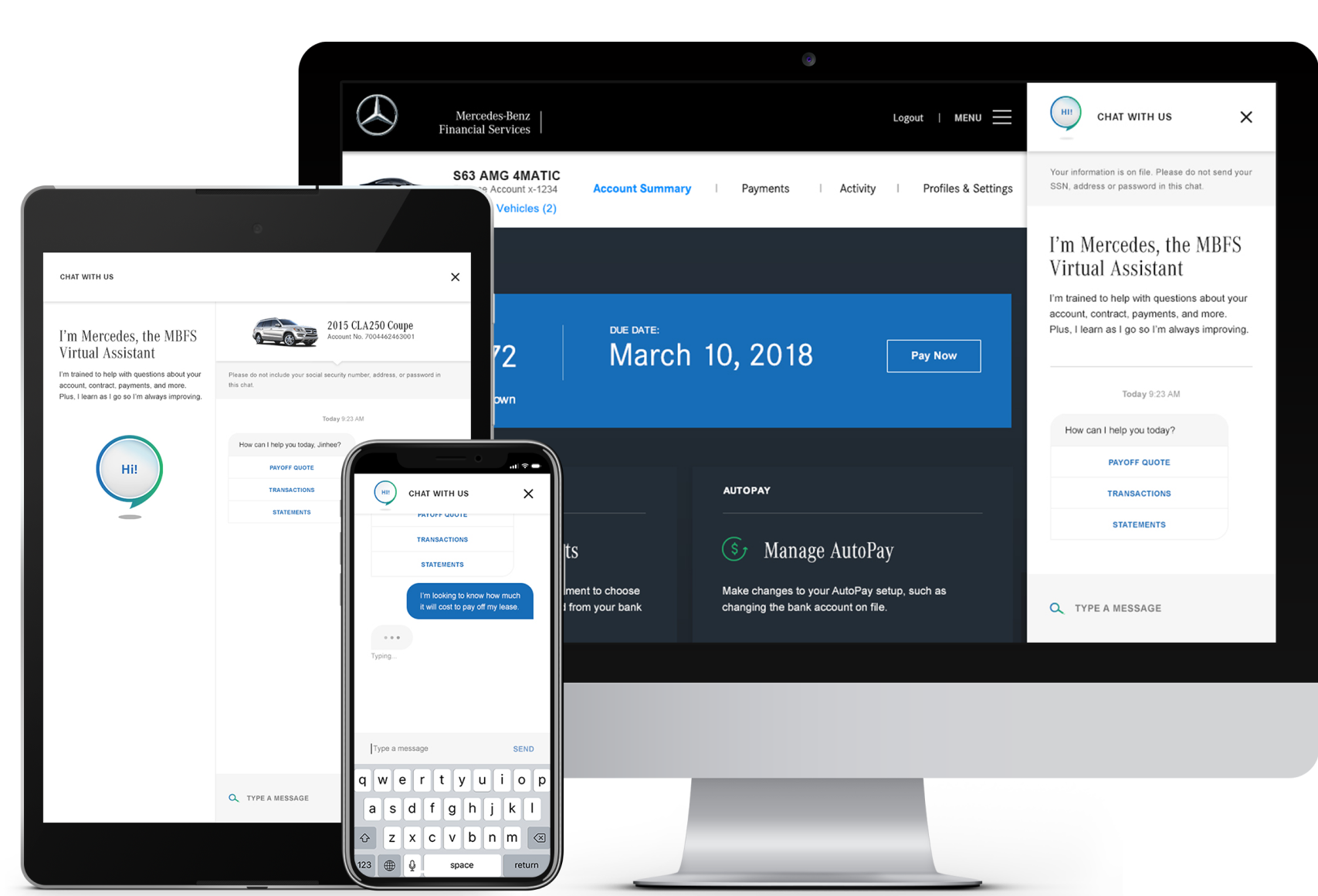 Multiple screens displaying a Mercedes-Benz online banking platform and a live chat feature, showing account details, payment due date, and customer service chat window.