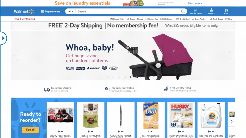 Walmart website featuring baby stroller promotion with free 2-day shipping, showing a purple stroller.