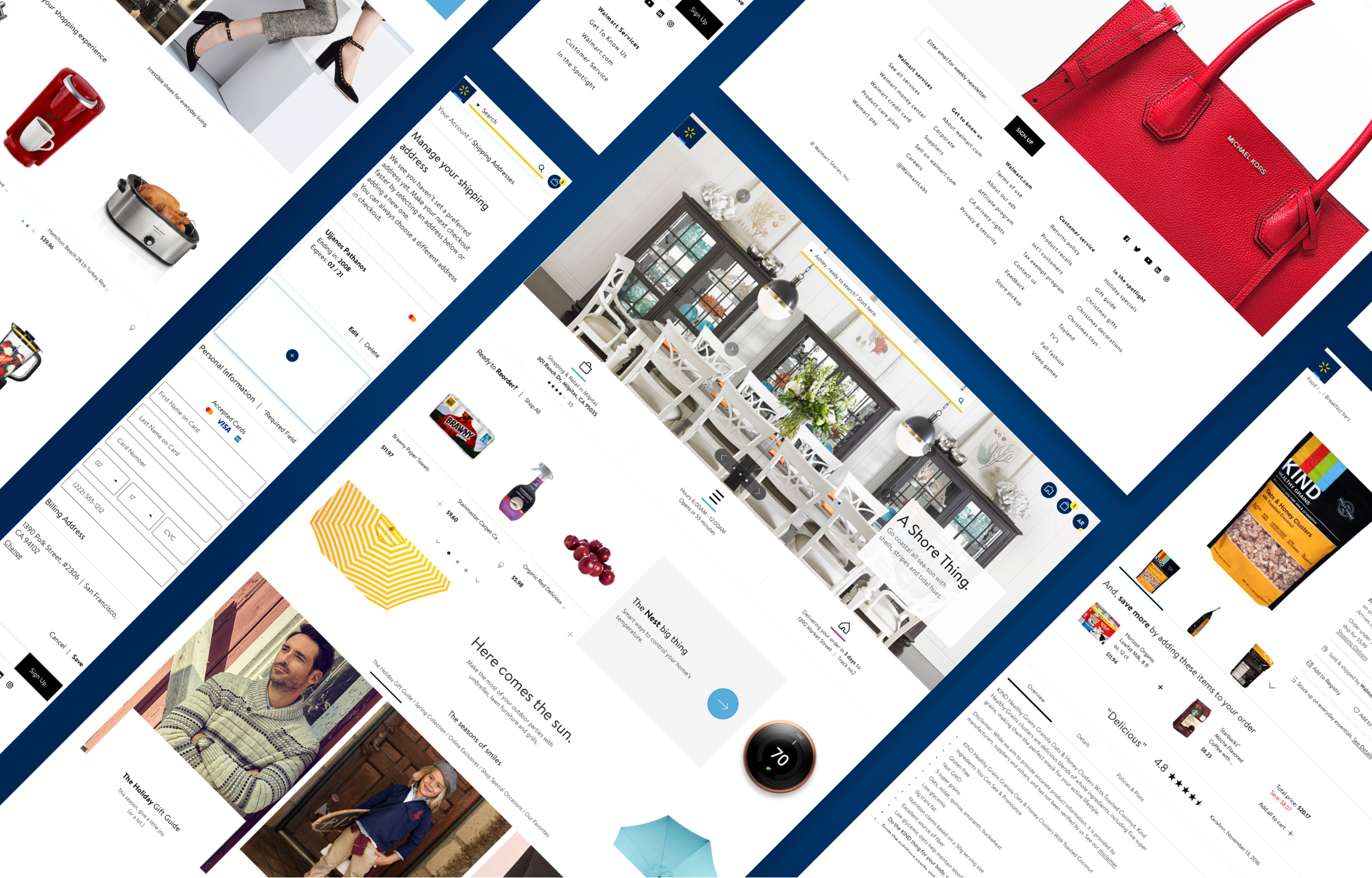 A collage of various digital screens displaying online shopping websites, product images, and shopping interfaces with a blue and white color theme.