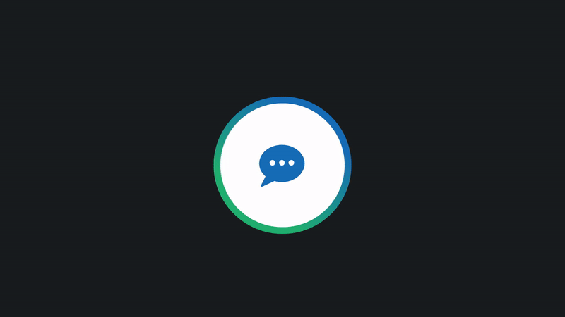 Icon of a speech bubble inside a circular button with green and blue outline, on a dark background.