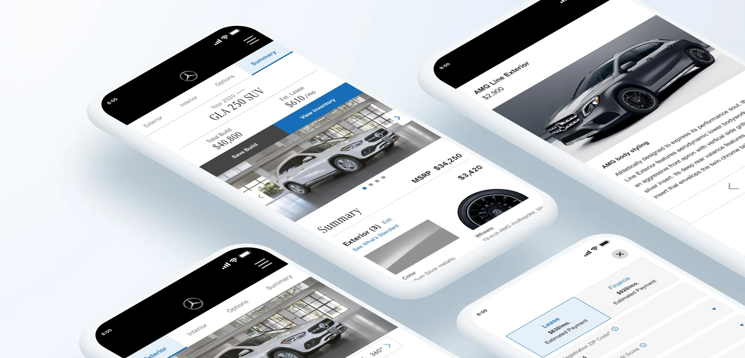 Multiple smartphones displaying car dealership app pages with Mercedes-Benz vehicle options and pricing.