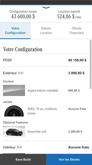 Screenshot of a vehicle configuration summary with total price of 43,600 dollars, estimated monthly location cost of 524 dollars. It includes details on the configuration, exterior and interior options, and optional features like an evening package and specific wheels.