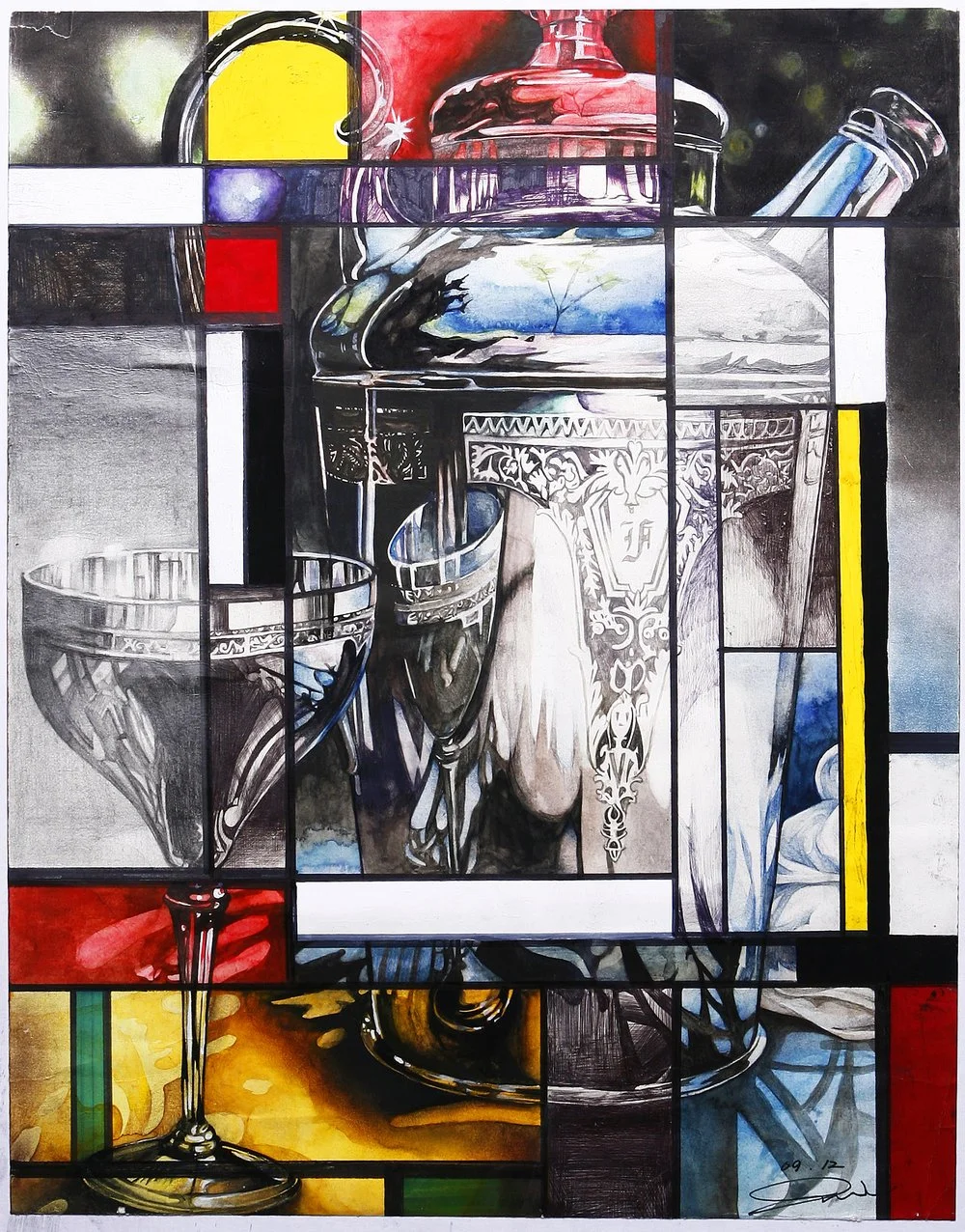 A colorful painting of various glassware including a champagne flute, decanter, and drinking glass, depicted through abstract geometric shapes and vivid colors.