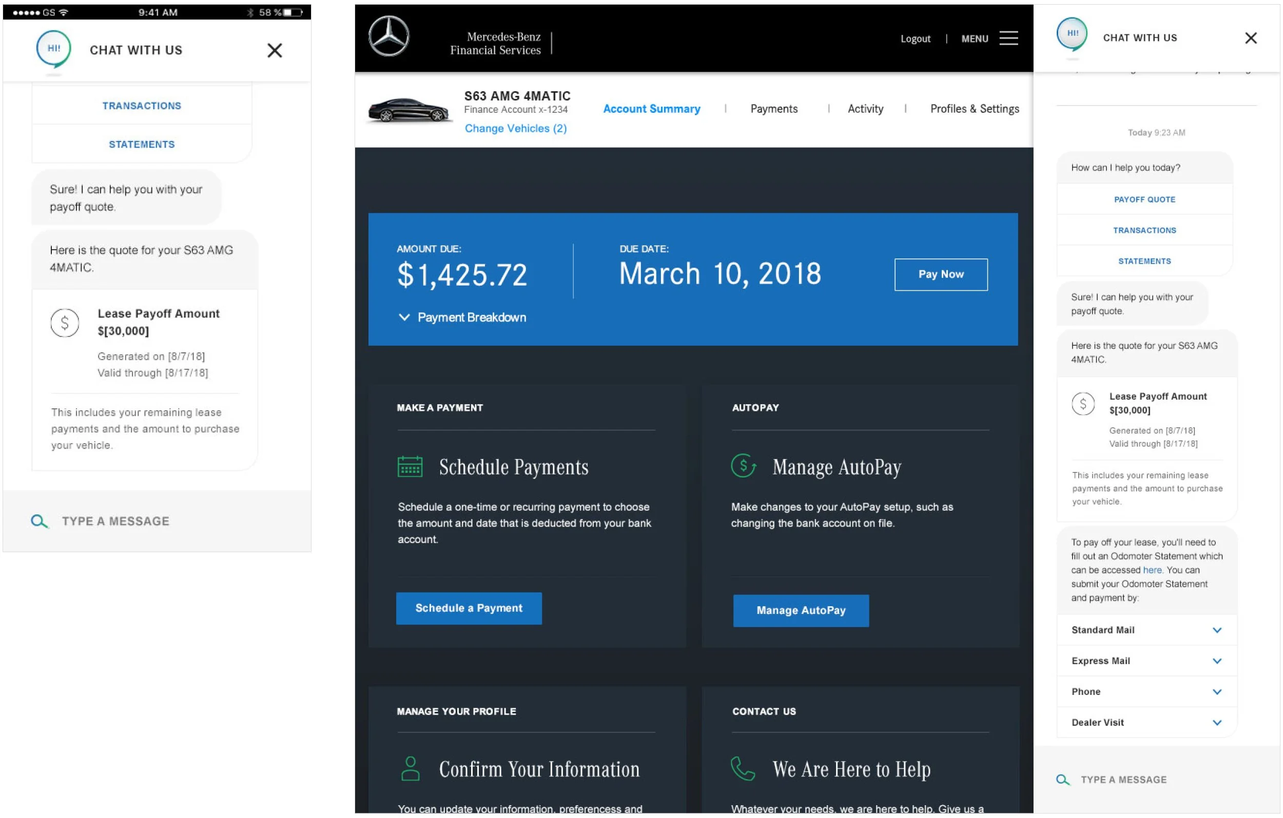 Screenshot of a mobile app interface showing a chat window and a website. The chat window on the left and right sides features a conversation about a car lease payoff quote and remaining payments. The central website displays an account summary for a Mercedes-Benz finance account, including an amount due of $1,425.72, a due date of March 10, 2018, and options for scheduling payments, managing auto pay, updating profile, contacting support, and other account details.