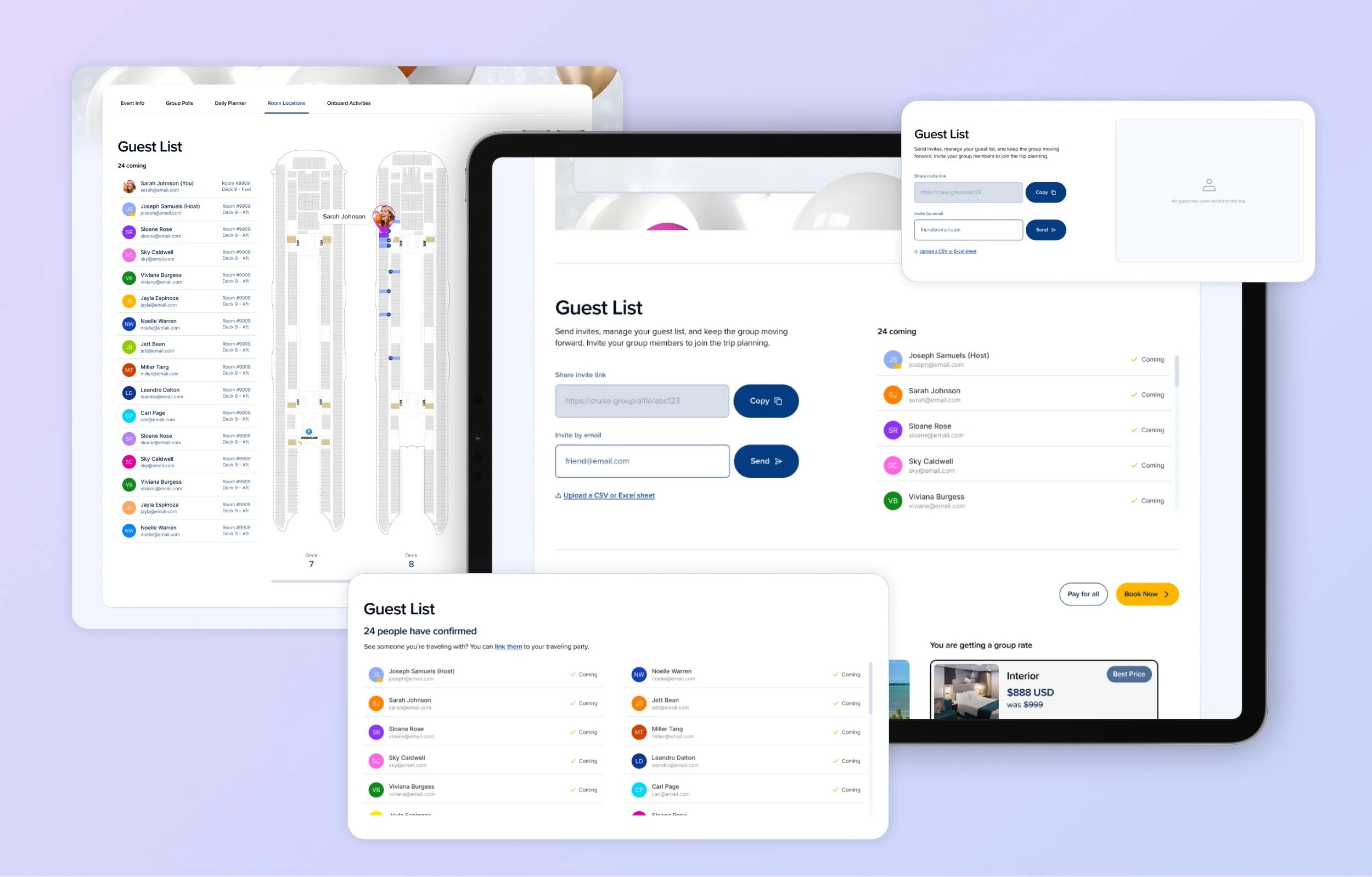 Screenshots of a digital guest list management app with features to send invites, manage guest details, and visualize seating arrangements on a cruise ship.