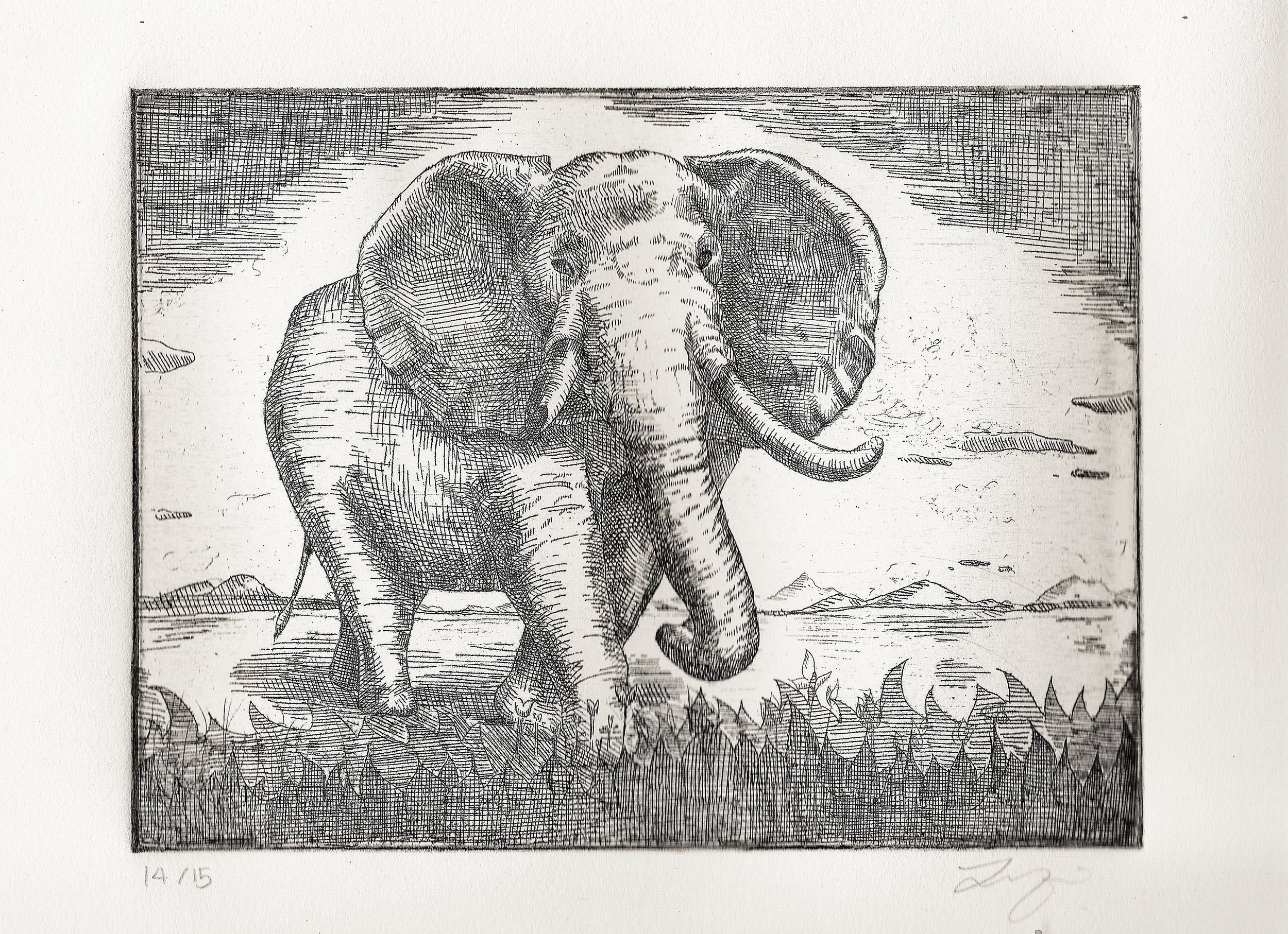 A black and white illustration of an elephant standing on grass with mountains in the background.