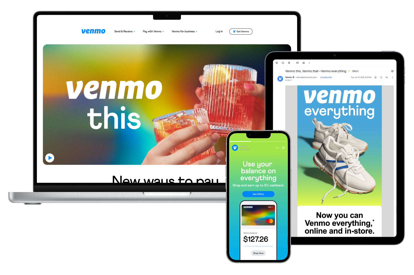 Multiple electronic devices displaying the Venmo app, including a laptop, tablet, and smartphone, showcasing features like sending and receiving money, shopping offers, and account balance.