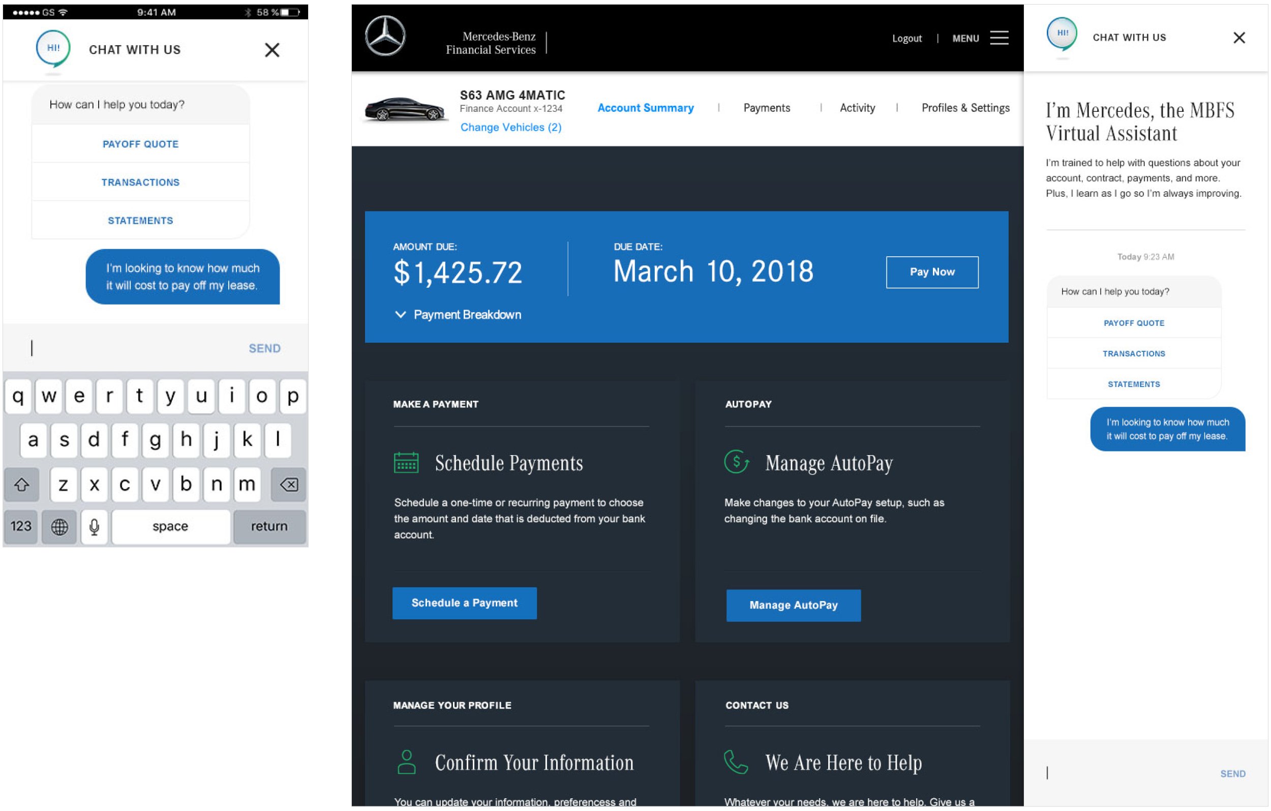 Three mobile screens displaying Mercedes-Benz Financial Services account management. The left screen shows a chat window with options for payoff quote, transactions, and statements, and a message asking about lease payoff costs. The middle screen displays a financial dashboard with a vehicle image, account details, billing amount of $1,425.72 due on March 10, 2018, and options for scheduling payments or managing AutoPay. The right screen features a virtual assistant chat window explaining its functions and offering help.