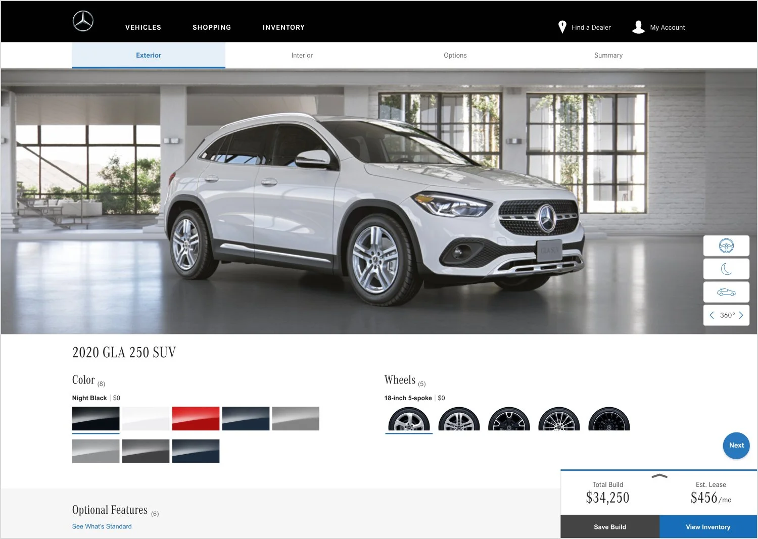 Online vehicle customization webpage showing a white 2020 Mercedes-Benz GLA 250 SUV inside a modern showroom with large windows. The page displays color and wheel options and a summary of the total build cost.