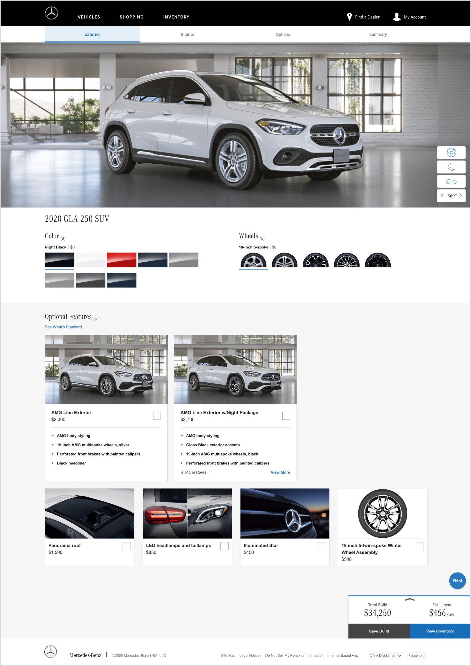 Screenshot of Mercedes-Benz vehicle customization webpage showing a white 2020 GLA 250 SUV parked indoors with various customizable options such as exterior color, wheels, optional features, and interior features.