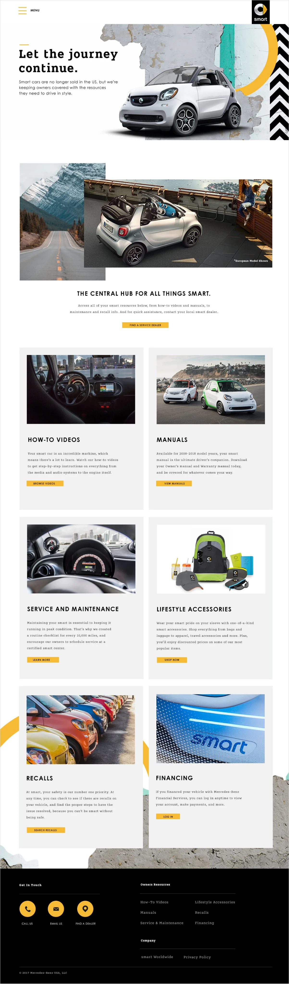 Smart car dealership webpage featuring various models of smart cars, including a white smart car on a city street, a convertible in a scenic outdoor location, and two small cars on a beachside road. It includes sections on videos, manuals, service and maintenance, lifestyle accessories, recalls, and financing.