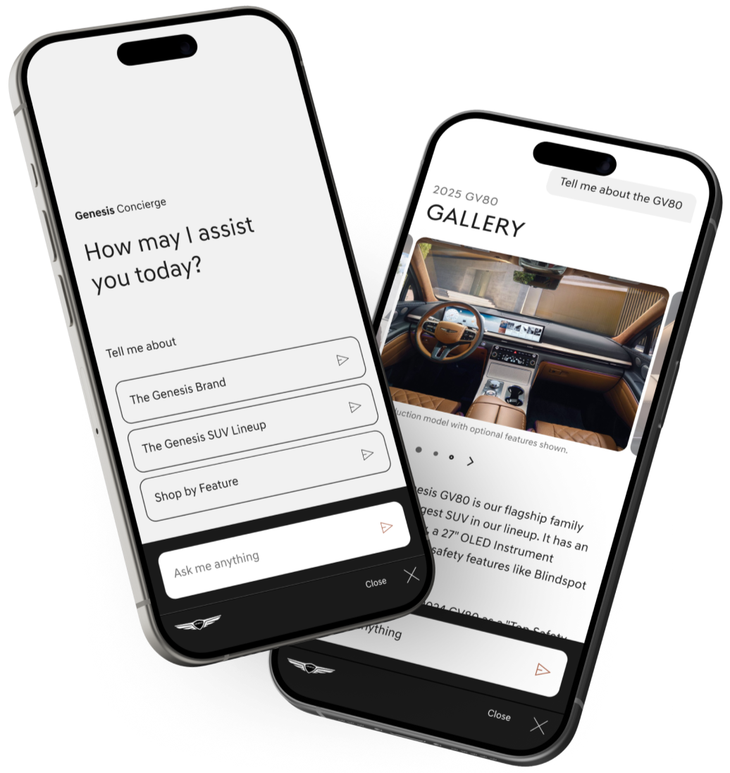 Two smartphones displaying a car dealership app, one showing a greeting screen and the other a vehicle gallery with an interior image.