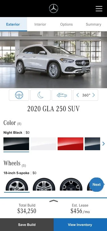 Screenshot of a car customization interface for a 2020 Mercedes-Benz GLA 250 SUV. The car is white and displayed in a modern showroom with large windows. The interface allows the user to select exterior colors, wheels, and view options, with a total build price of $34,250 and estimated lease payment of $456 per month.