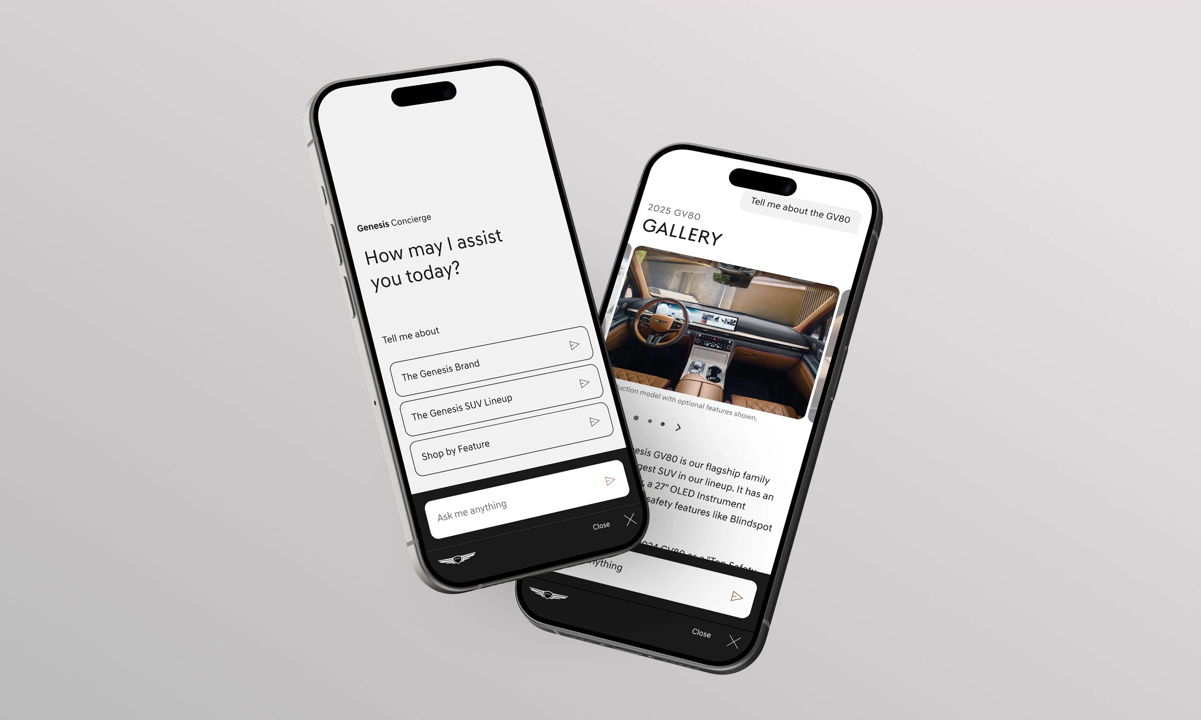 Two smartphones displaying a car-related website and a digital assistant interface on a white background.