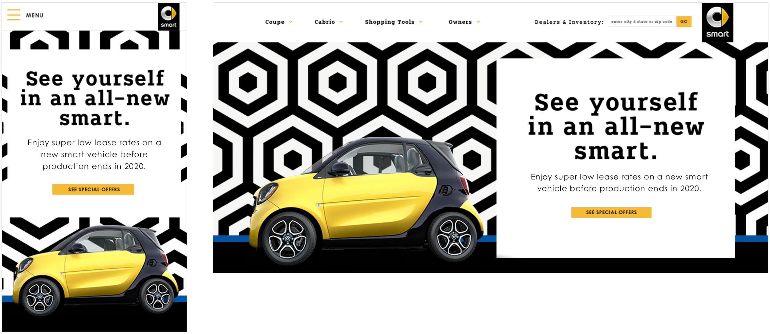 A website homepage showcasing a yellow Smart car against a black and white geometric patterned background with text promoting smart vehicle leasing offers.
