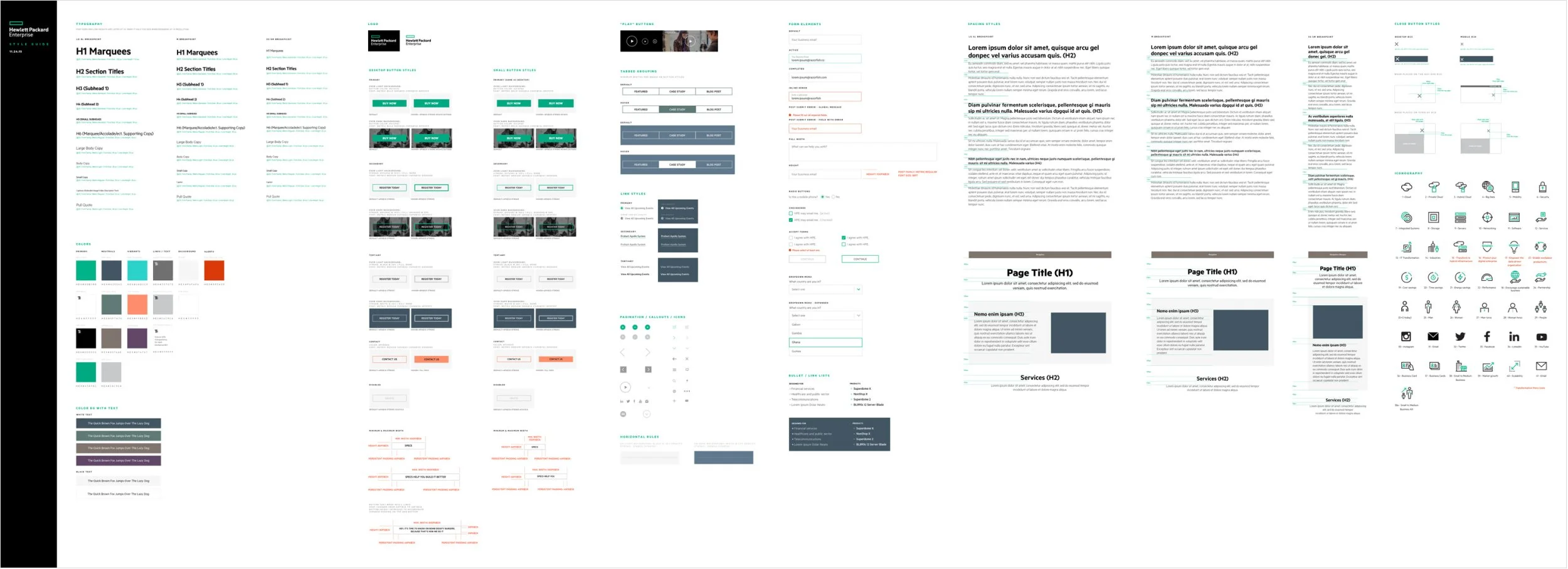 Wireframe design of a website with sections for headers, subheads, buttons, icons, and text blocks. Includes color palettes, layout grids, and various UI element sketches.