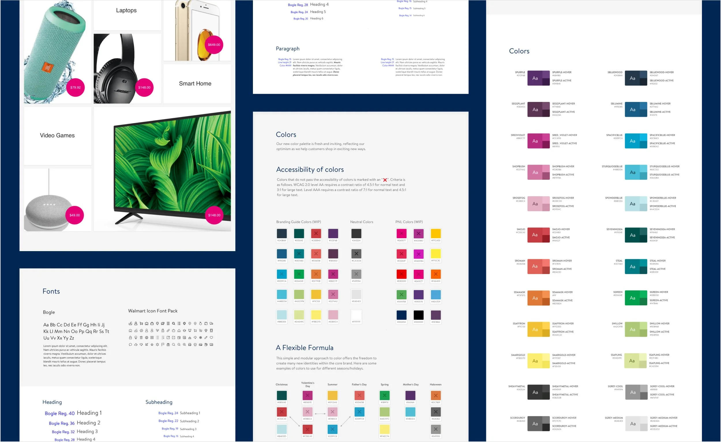 A digital style guide or color palette document containing various sections with headings, paragraphs, color swatches, and font samples. The layout is divided into multiple columns, featuring images of electronic devices, color swatches with their codes, and text about accessibility and branding.