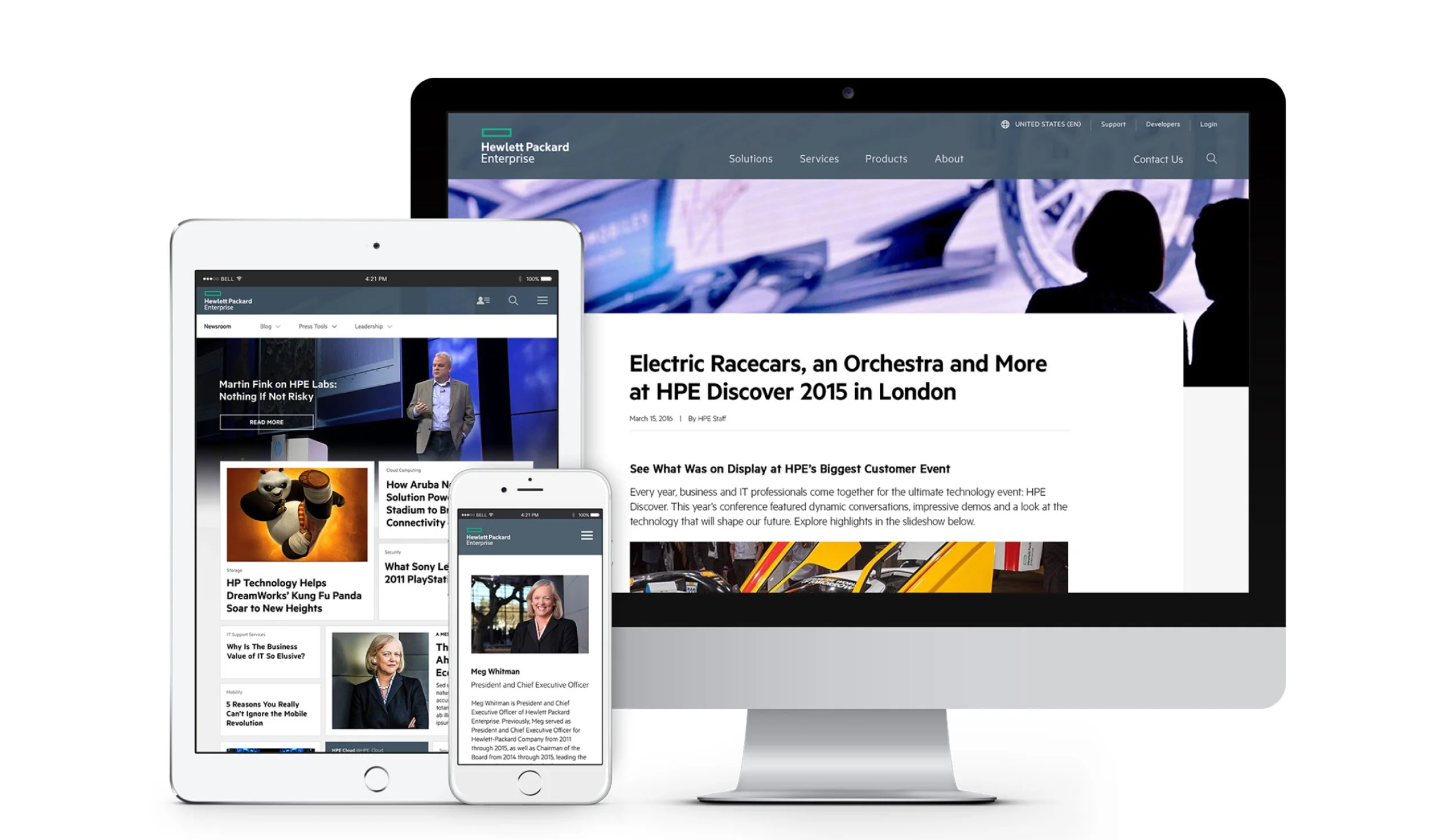 Multiple electronic devices showing the Hewlett Packard Enterprise website and news articles.