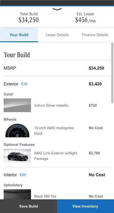 Screenshot of a car build configuration showing a total build cost of $34,250, est. lease of $456 per month, with options for exterior, color, wheels, optional features, interior, and upholstery.