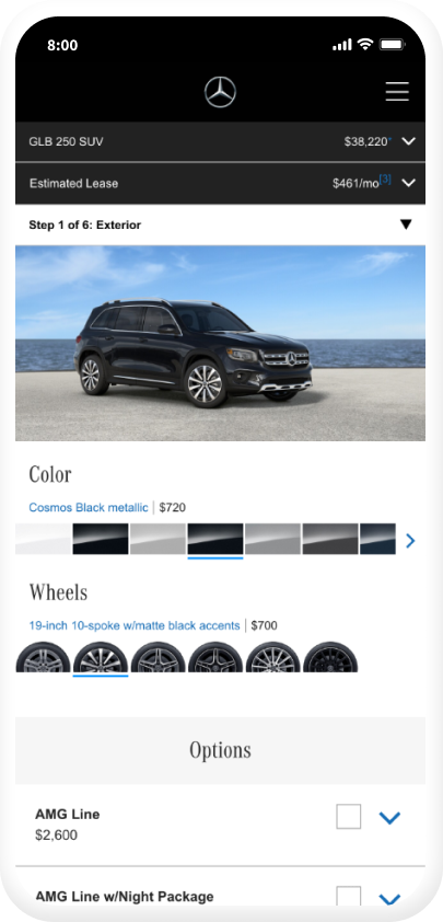 Mobile car customization app showing a black Mercedes-Benz GLC 250 SUV against a scenic ocean background, with options for color, wheels, and packages.