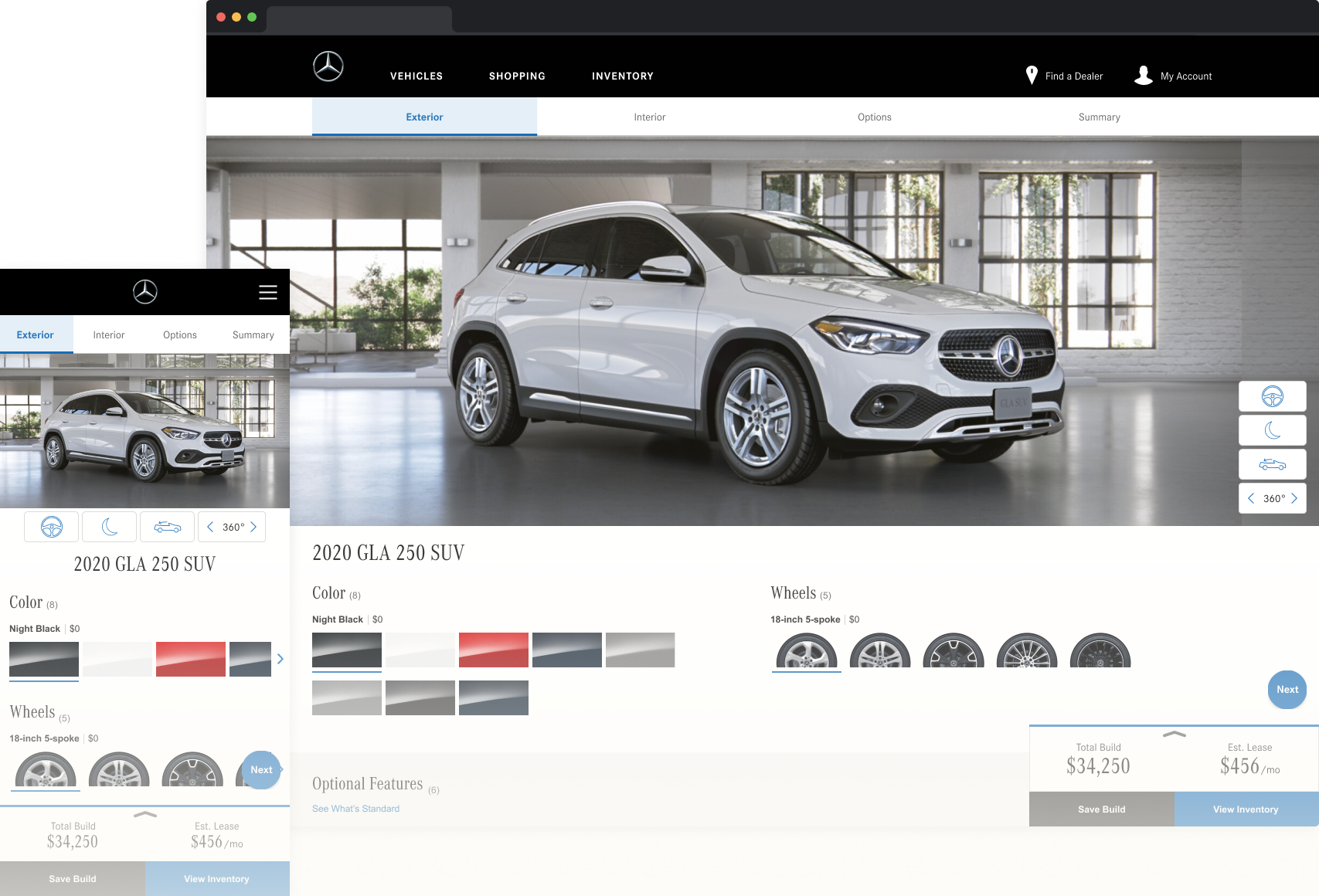 Screenshot of a car manufacturer website showing a white 2020 Mercedes-Benz GLA 250 SUV in a showroom setting. The website interface includes options for customizing the vehicle's exterior, interior, and features, along with color and wheel choices, and displays pricing details.
