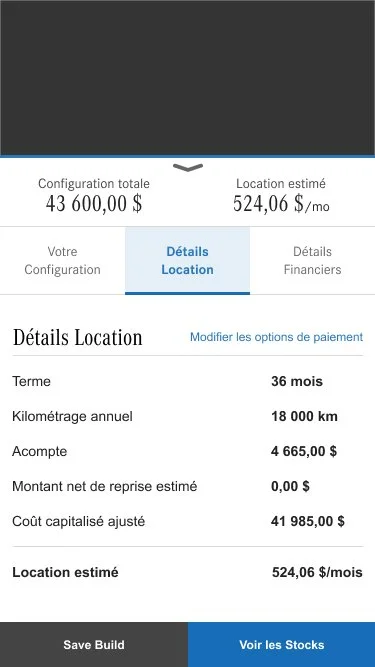 Screenshot of a car financing or leasing app displaying total configuration cost, estimated monthly location cost, and detailed lease terms including term length, annual mileage, down payment, and adjusted capitalized cost.