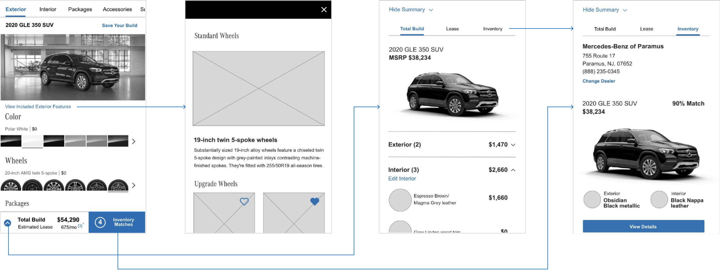 Screenshots of a car configuration website showing different views of a black Mercedes-Benz GLE 350 SUV, including exterior, interior, wheel options, and pricing details.