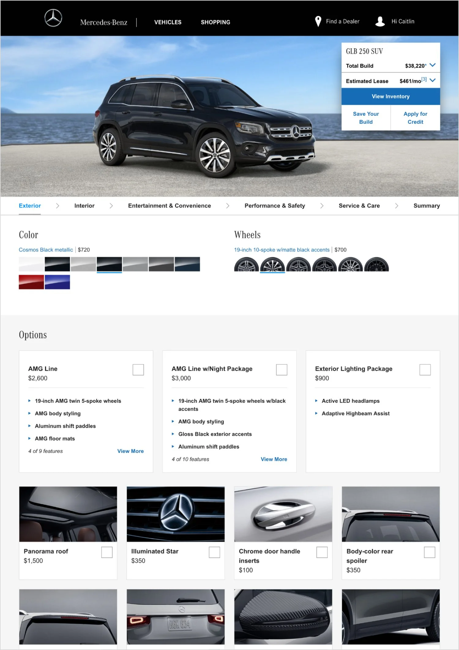 Mercedes-Benz website showing a black SUV parked near a body of water, with options for customizing the vehicle's color, wheels, and accessories.