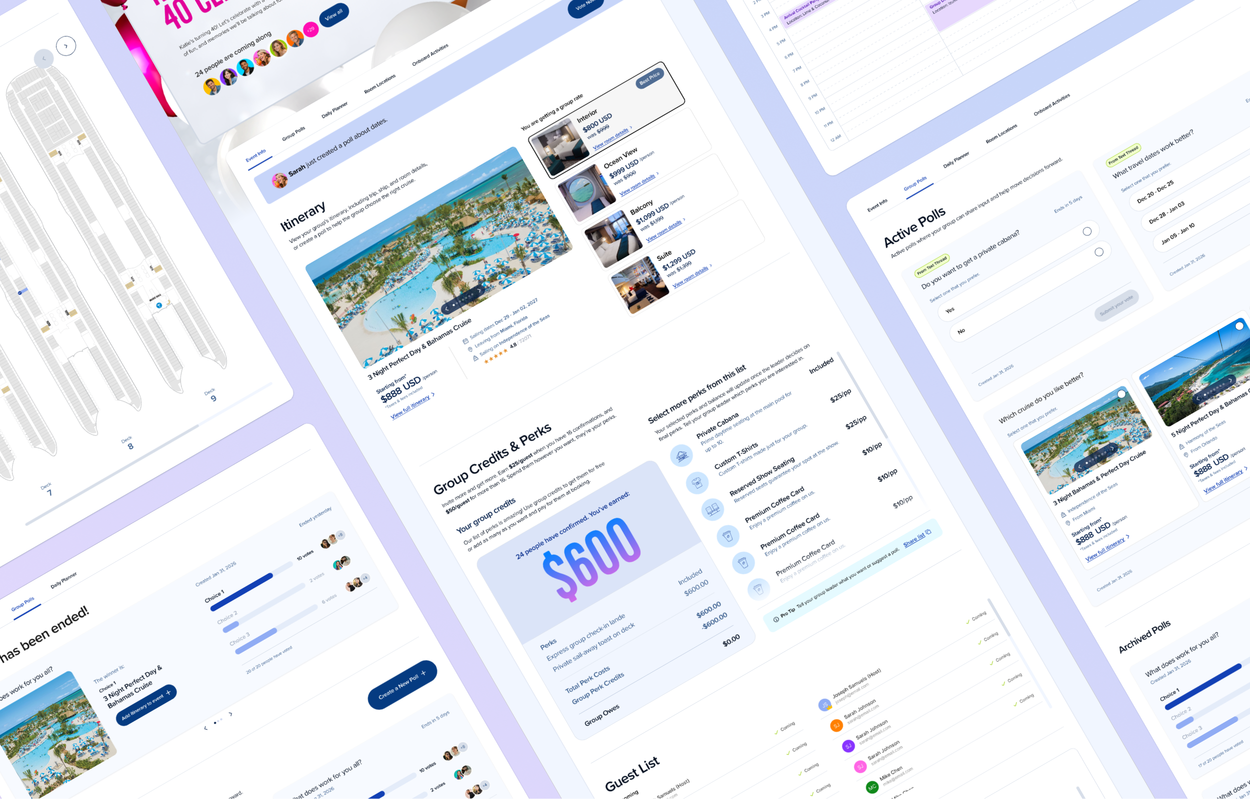 Screenshots of a travel booking website displaying vacation packages, a poll about travel preferences, and a group trip planning interface.