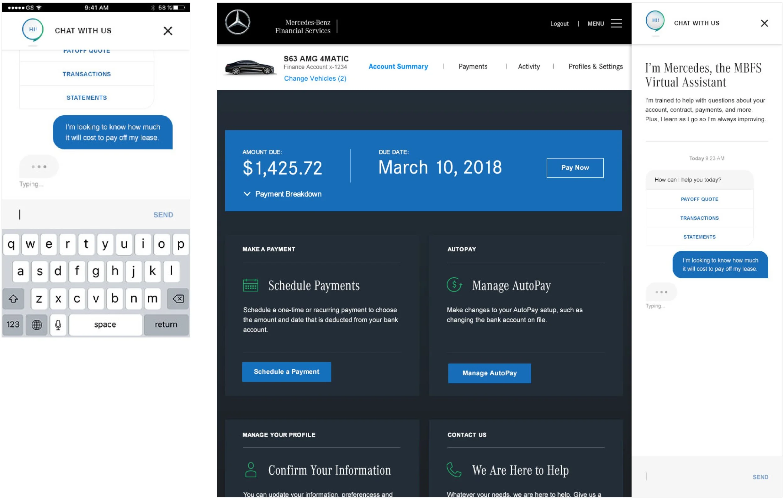 Three screenshots showing Mercedes-Benz financial services app interfaces. The center screenshot displays a payment due of $1,425.72 due on March 10, 2018, with options to schedule a payment or manage AutoPay, and menu options for account summary, payments, activity, and settings. The left and right screenshots show chat interfaces of the app with options for payoff quote, transactions, statements, and a chat with the virtual assistant.