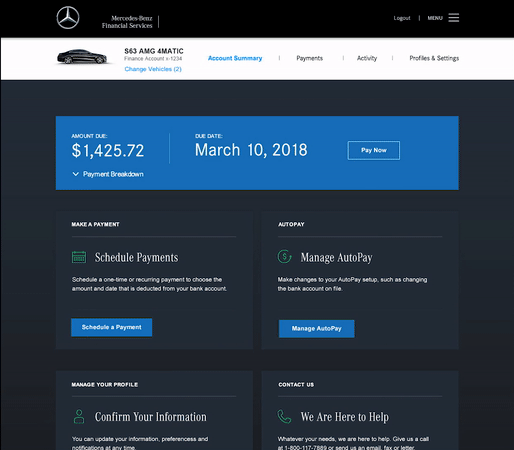 Screenshot of a Mercedes-Benz Financial Services online account dashboard showing account details, payment due date, amount owed, and options to schedule payments, manage AutoPay, confirm profile, and contact support.