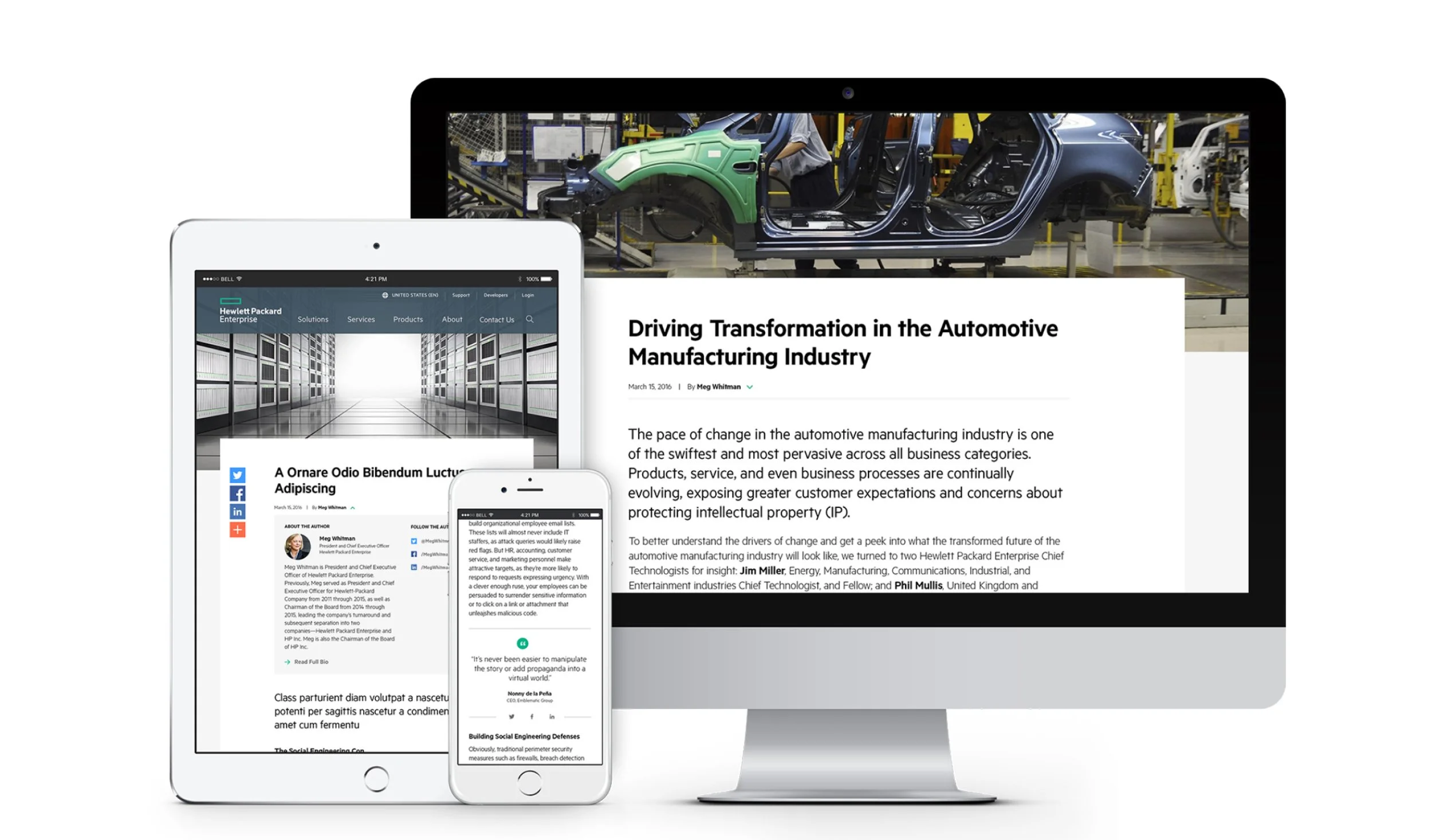 Illustration of digital devices displaying automotive manufacturing and technology articles, including a server room, a tablet, a smartphone, and a desktop monitor.