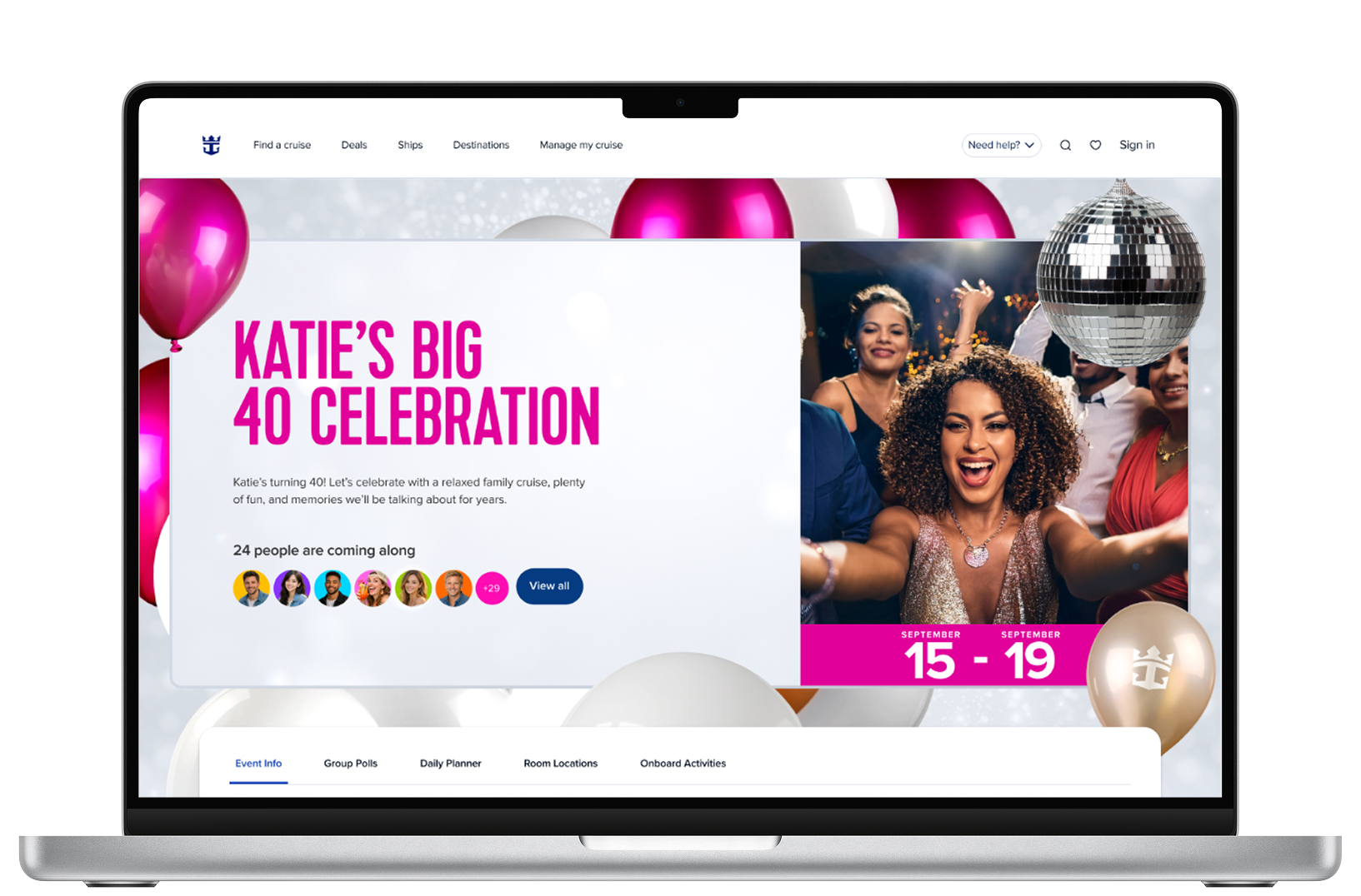 Web page advertising a celebration event called 'Katie's Big 40 Celebration' with a photo of smiling people at a party, balloons, and a disco ball, scheduled for September 15-19.