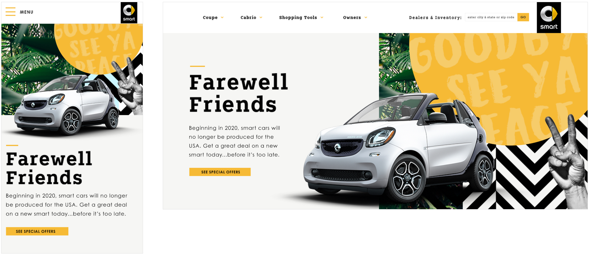 A website homepage celebrating the farewell of smart cars in the USA, featuring images of two white smart cars, decorative background with green leaves, orange circles with the words "Goodbye See Ya," a hand making a peace sign, and text announcing the end of smart car production in 2020 with options to view special offers.