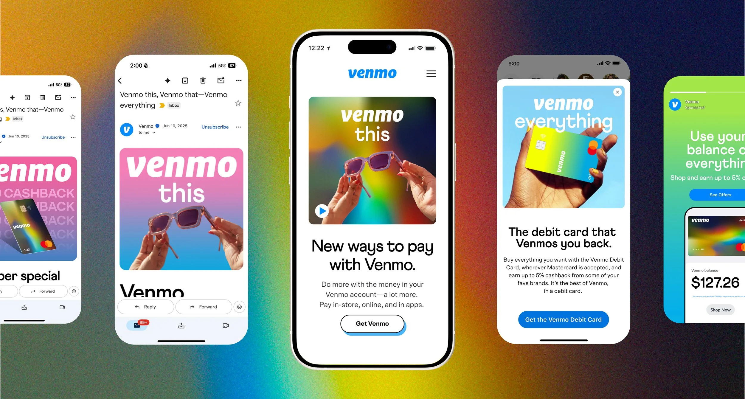Collection of smartphone screens displaying Venmo app advertisements, including text and images of a credit card, sunglasses, and promotional messages.