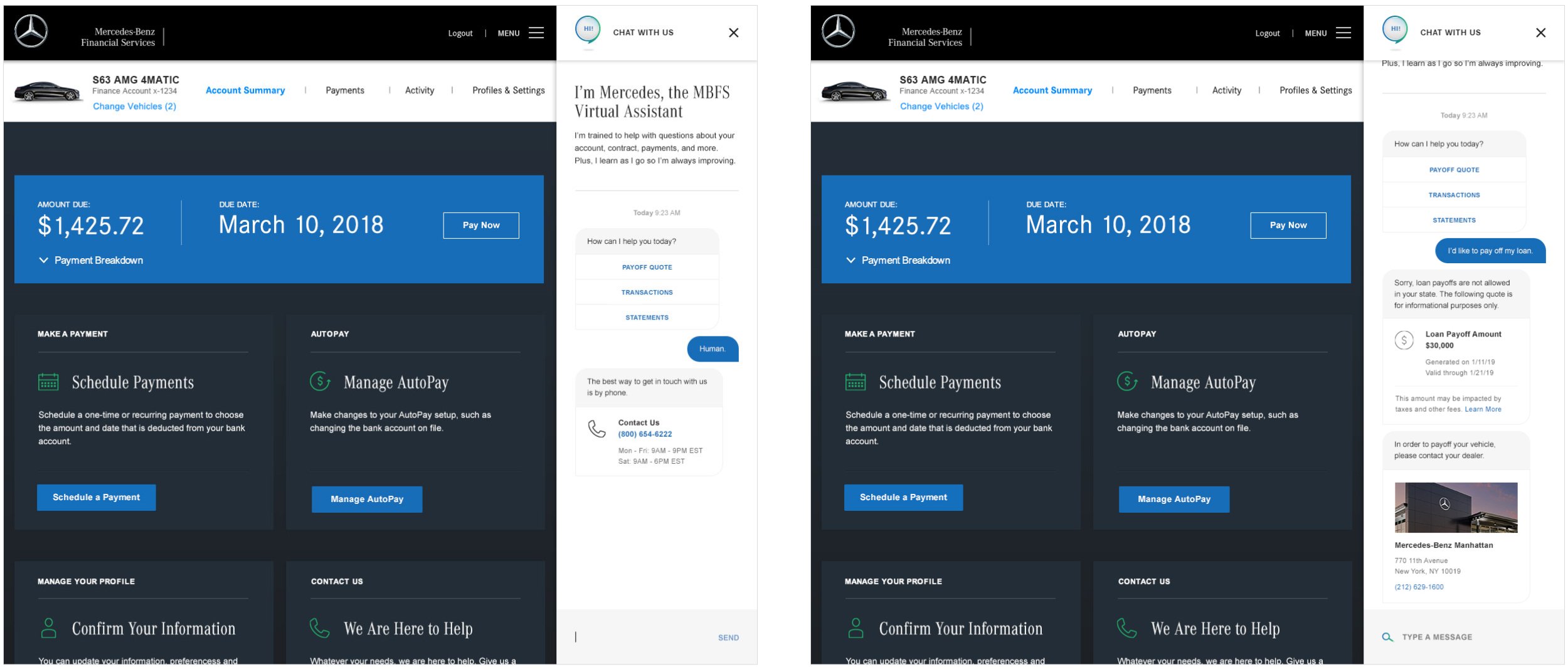 Screenshot of Mercedes-Benz Financial Services online account dashboard displaying a payment due of $1,425.72 with a due date of March 10, 2018, and options to schedule payments and manage AutoPay. Also shown is a virtual assistant chat window with options for pay history, transactions, and statements.